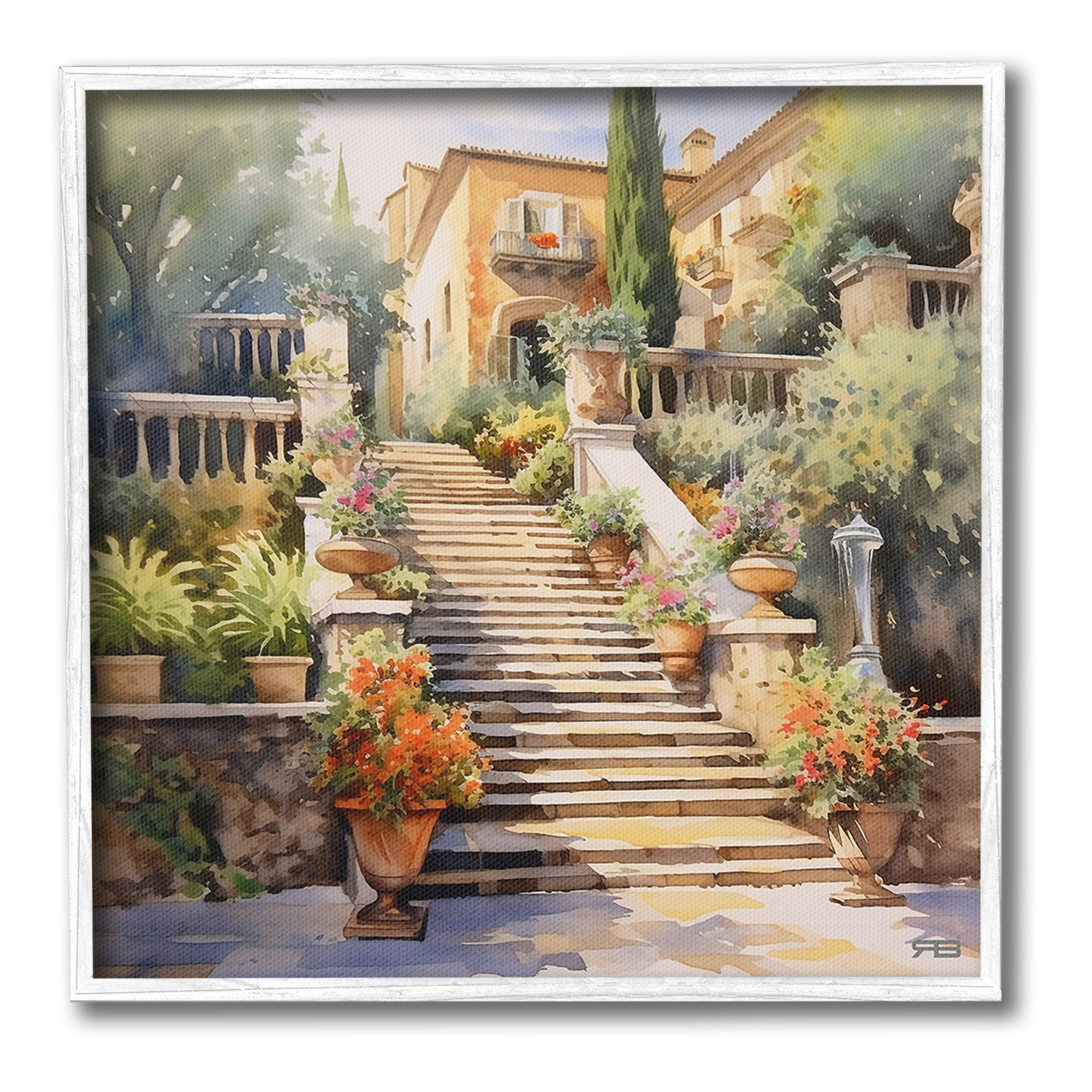 Stupell Industries Stairs to European Villa Botanical & Floral Painting White Framed Art Print Wall Art, 24 x 24