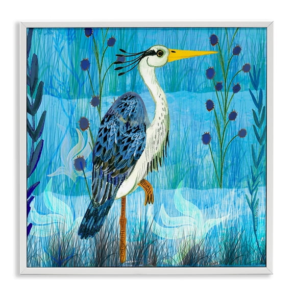 Stupell Industries Standing Crane with Blue Tones Animals Painting White Framed Art Print Wall Art, 24 x 24