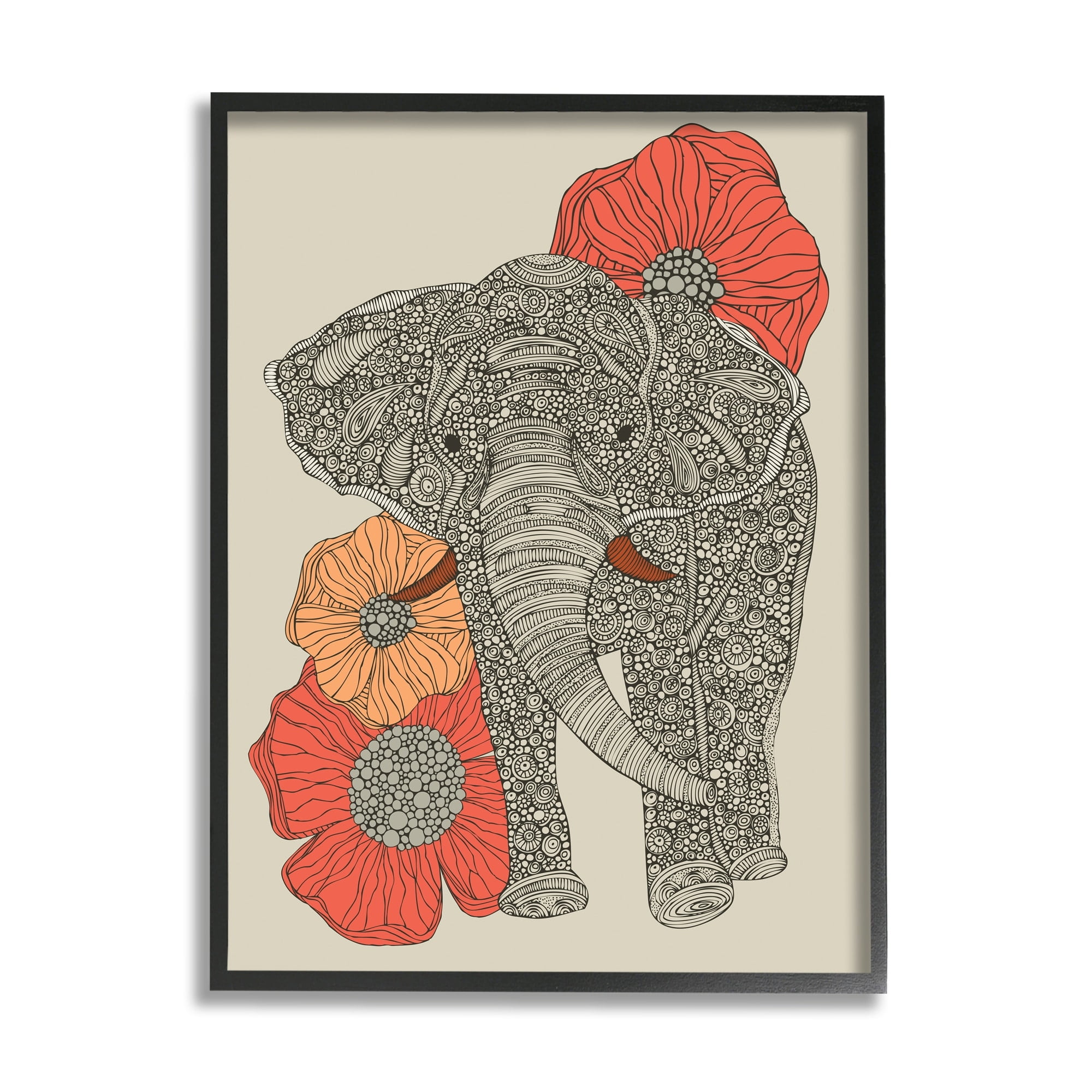 Stupell Industries Standing Elephant Bright Poppies Floral Paisley Fractals Graphic Art Black Framed Art Print Wall Art, Design by Valentina Harper