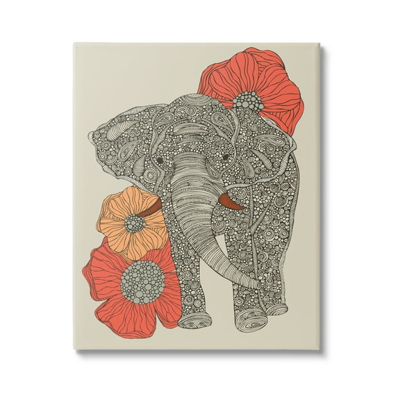 Stupell Industries Standing Elephant Bright Poppies Floral Paisley Fractals Graphic Art Gallery Wrapped Canvas Print Wall Art, Design by Valentina Harper