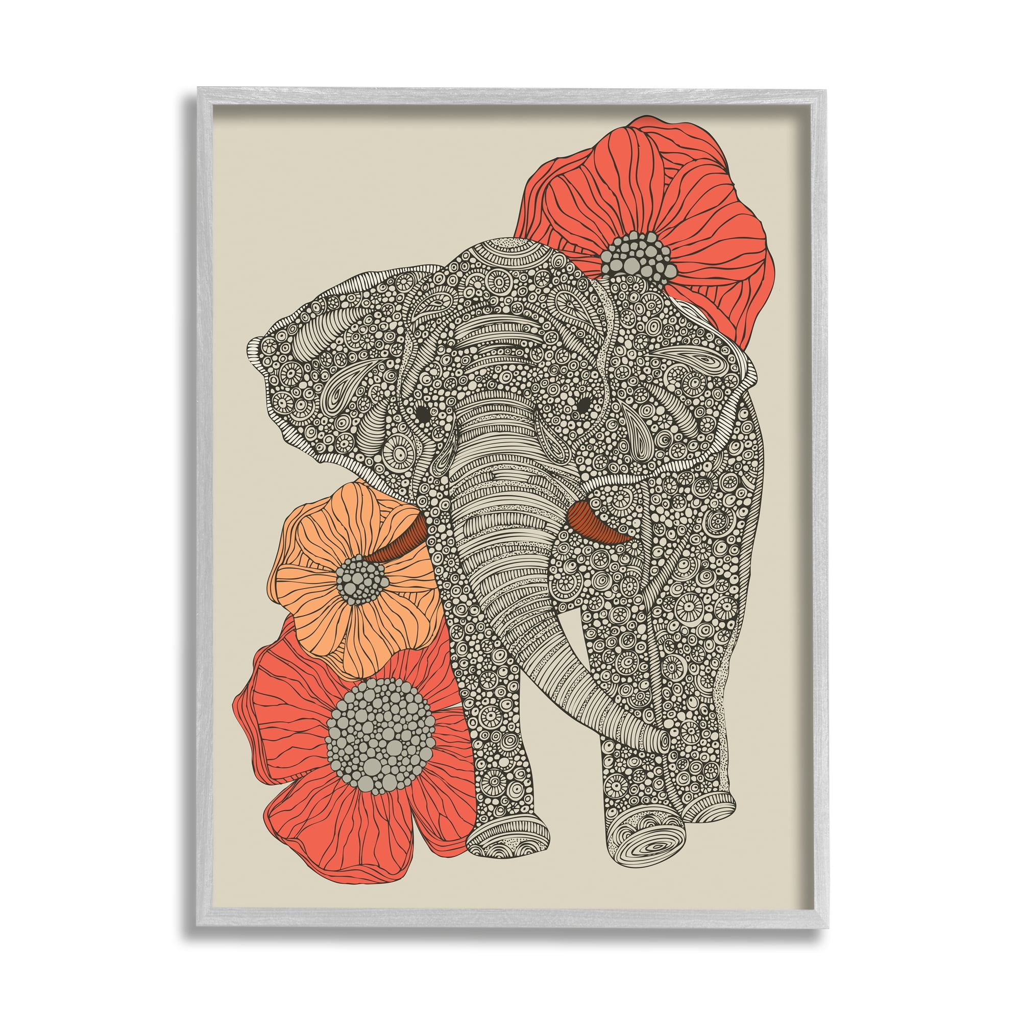 Stupell Industries Standing Elephant Bright Poppies Floral Paisley Fractals Graphic Art Gray Framed Art Print Wall Art, Design by Valentina Harper