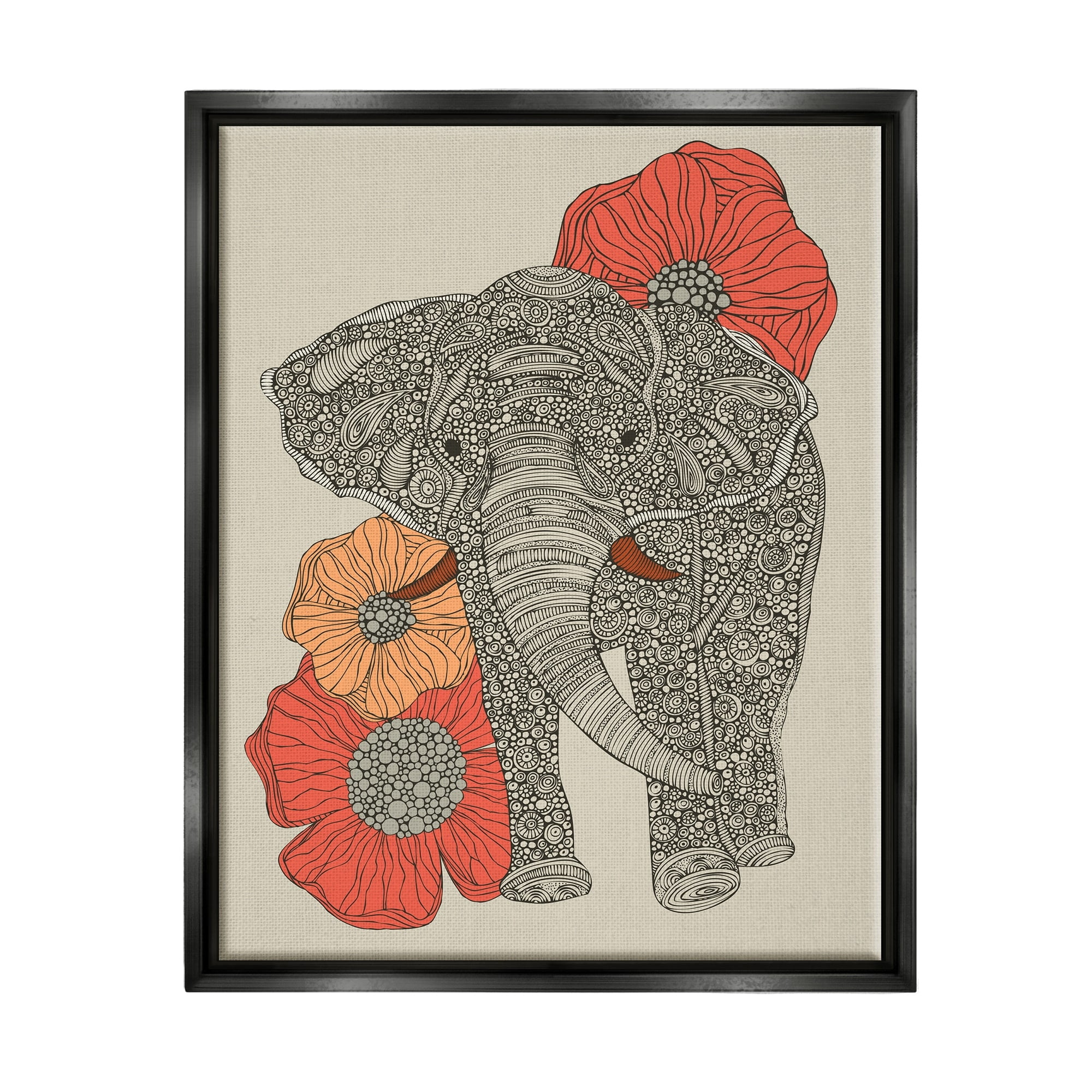 Stupell Industries Standing Elephant Bright Poppies Floral Paisley Fractals Graphic Art Jet Black Floating Framed Canvas Print Wall Art, Design by Valentina Harper