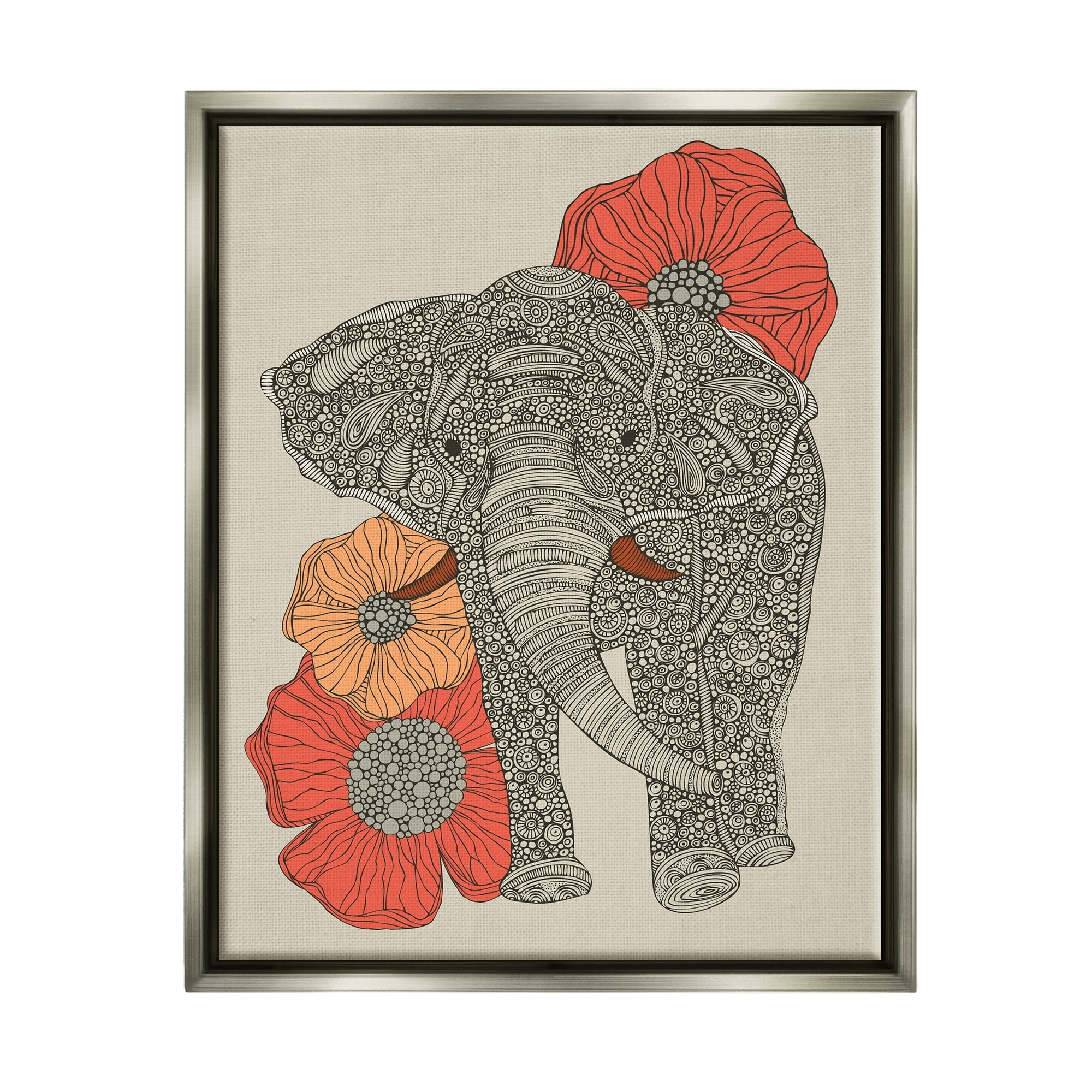 Stupell Industries Standing Elephant Bright Poppies Floral Paisley Fractals Graphic Art Luster Gray Floating Framed Canvas Print Wall Art, Design by Valentina Harper