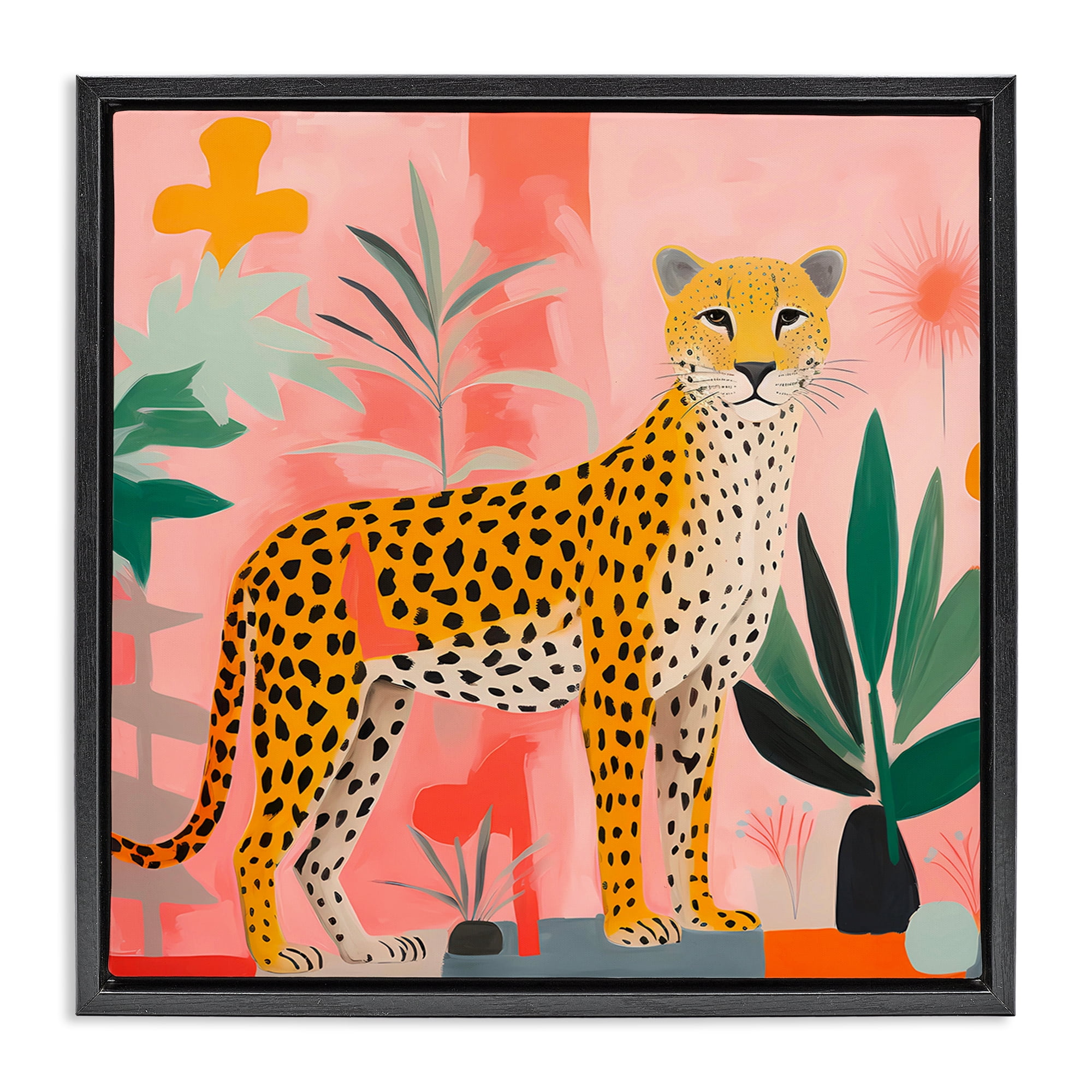Stupell Industries Standing Leopard & Plants Animals & Insects Painting Black Floater Framed Canvas Art Print Wall Art, 18 x 18