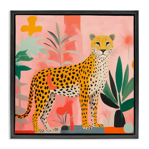 Stupell Industries Standing Leopard & Plants Animals & Insects Painting Black Floater Framed Canvas Art Print Wall Art, 18 x 18