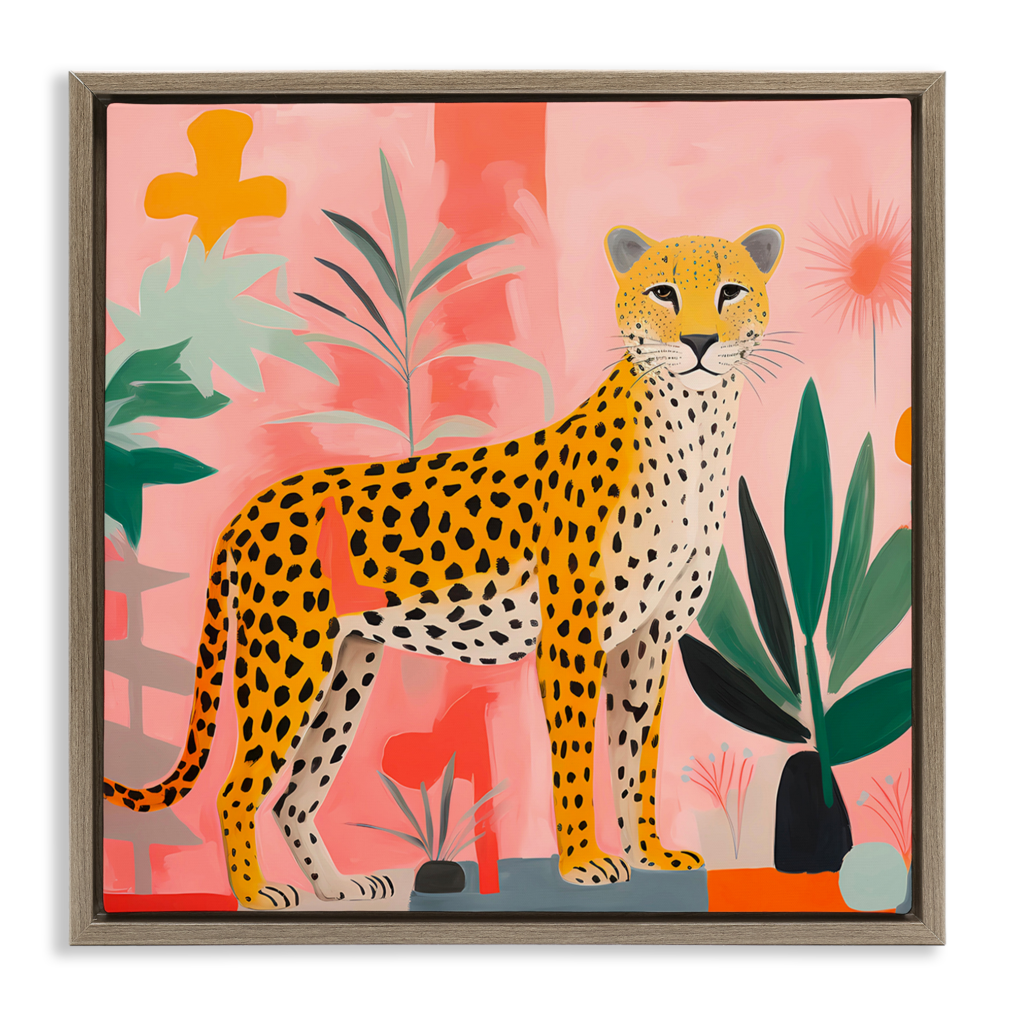 Stupell Industries Standing Leopard & Plants Animals & Insects Painting Brown Floater Framed Canvas Art Print Wall Art, 25 x 25
