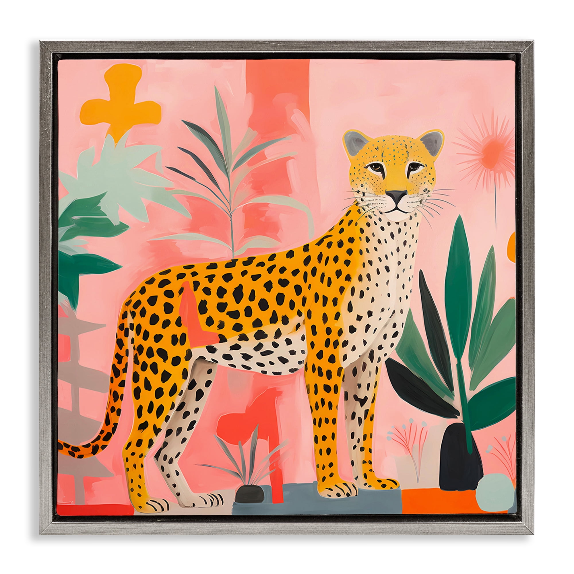 Stupell Industries Standing Leopard & Plants Animals & Insects Painting Gray Floater Framed Canvas Art Print Wall Art, 18 x 18