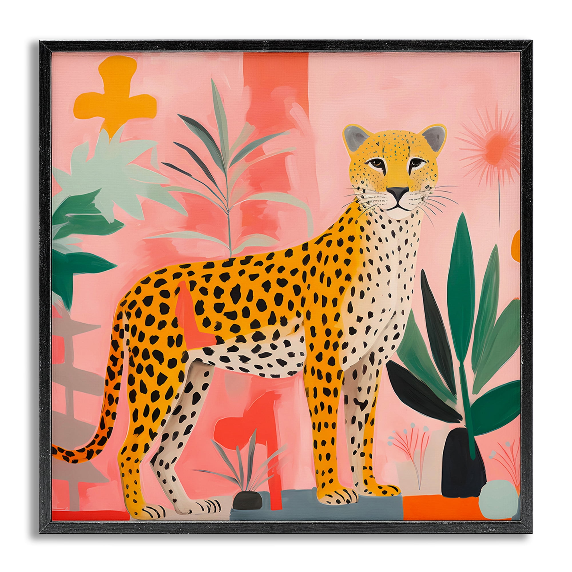 Stupell Industries Standing Leopard & Plants Animals & Insects Painting Gray Framed Art Print Wall Art, 24 x 24