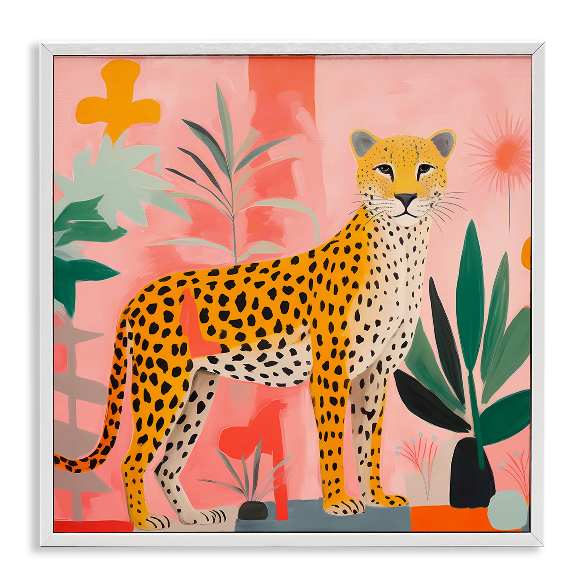 Stupell Industries Standing Leopard & Plants Animals & Insects Painting White Framed Art Print Wall Art, 17 x 17