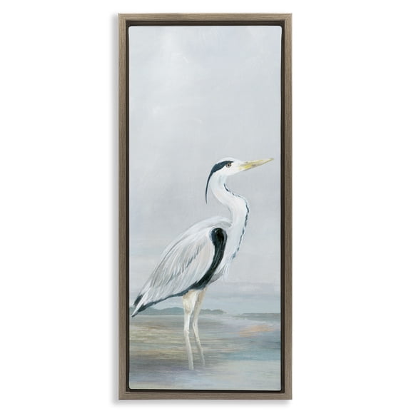 Stupell Industries Standing Tall White Heron Brown Framed Floater Canvas Wall Art design by Lily K., 31 x 15