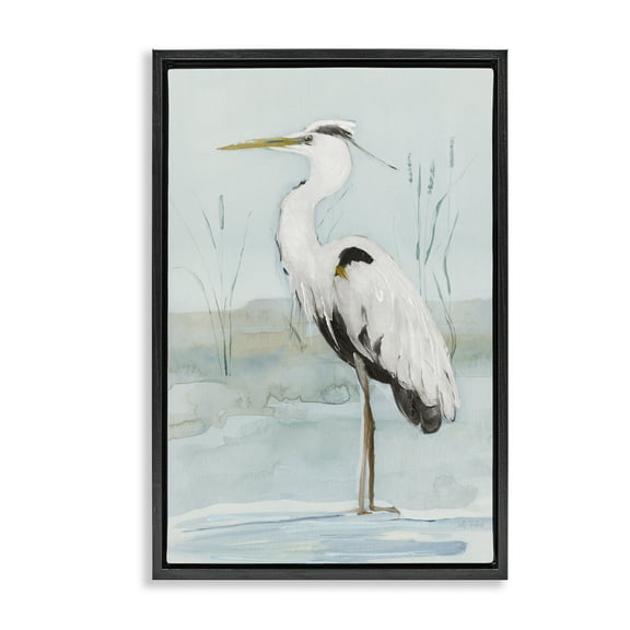 Stupell Industries Standing White Egret Animals Painting Black Floater Framed Canvas Art Print Wall Art, 17 x 25