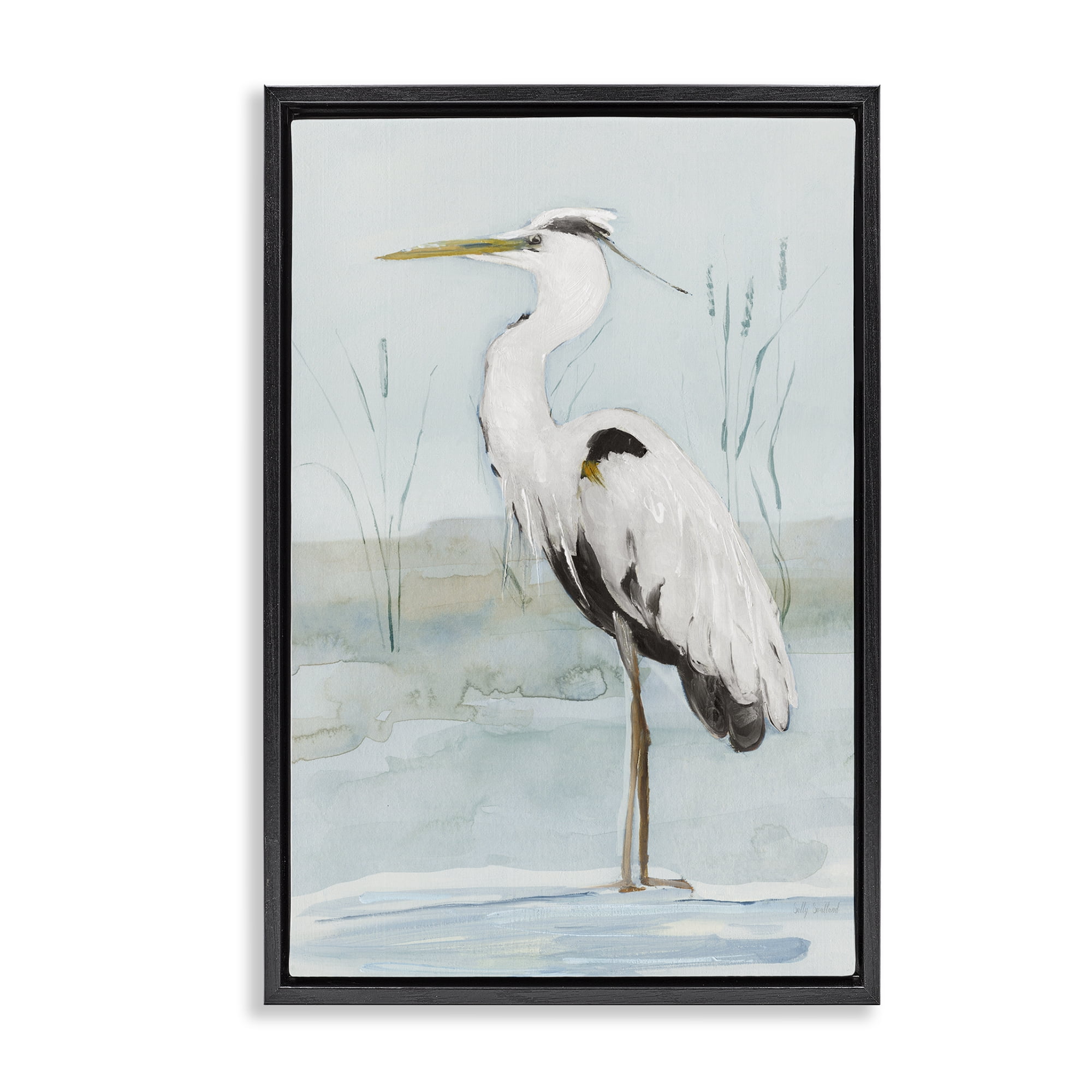 Stupell Industries Standing White Egret Animals Painting Black Floater Framed Canvas Art Print Wall Art, 21 x 31