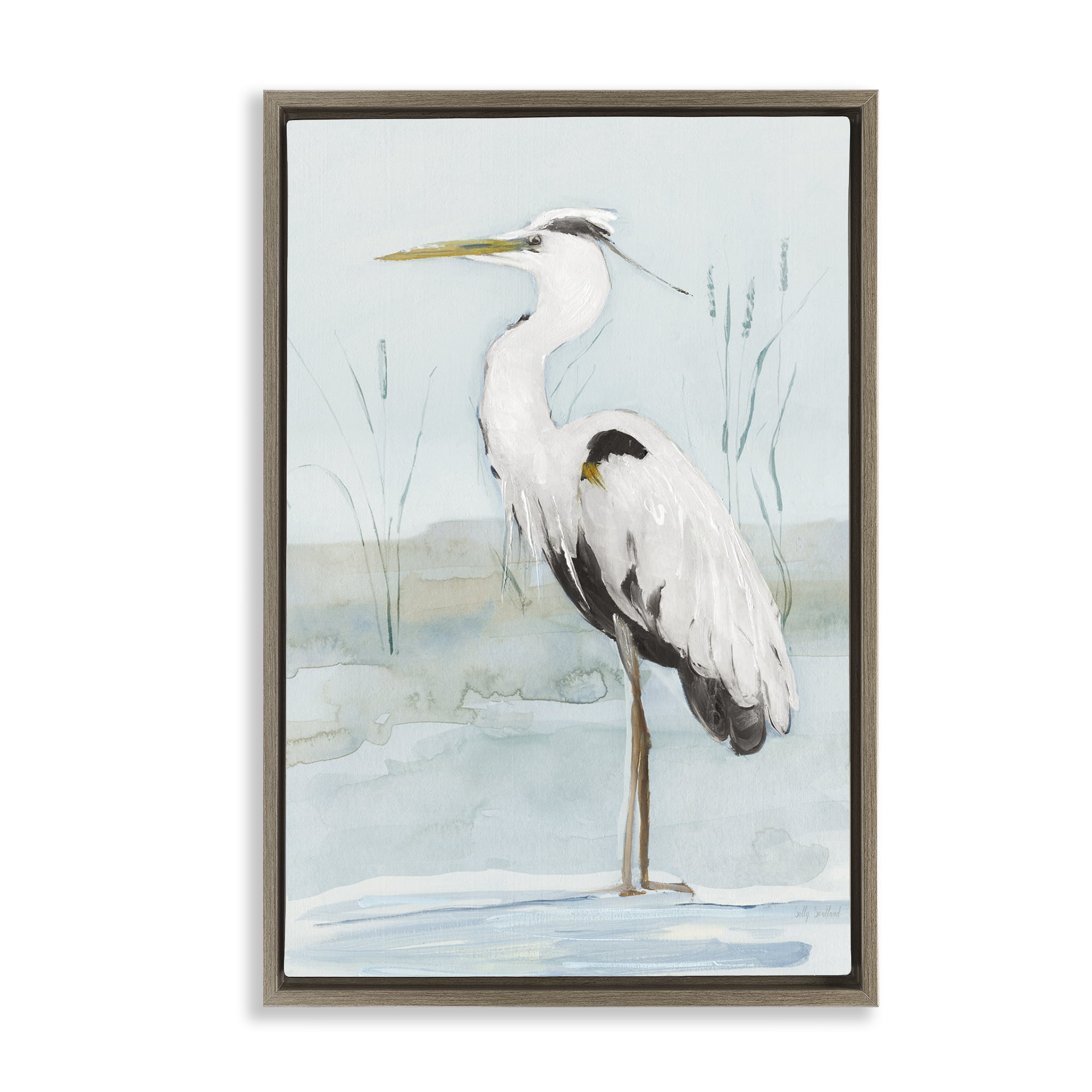 Stupell Industries Standing White Egret Animals Painting Brown Floater Framed Canvas Art Print Wall Art, 17 x 25