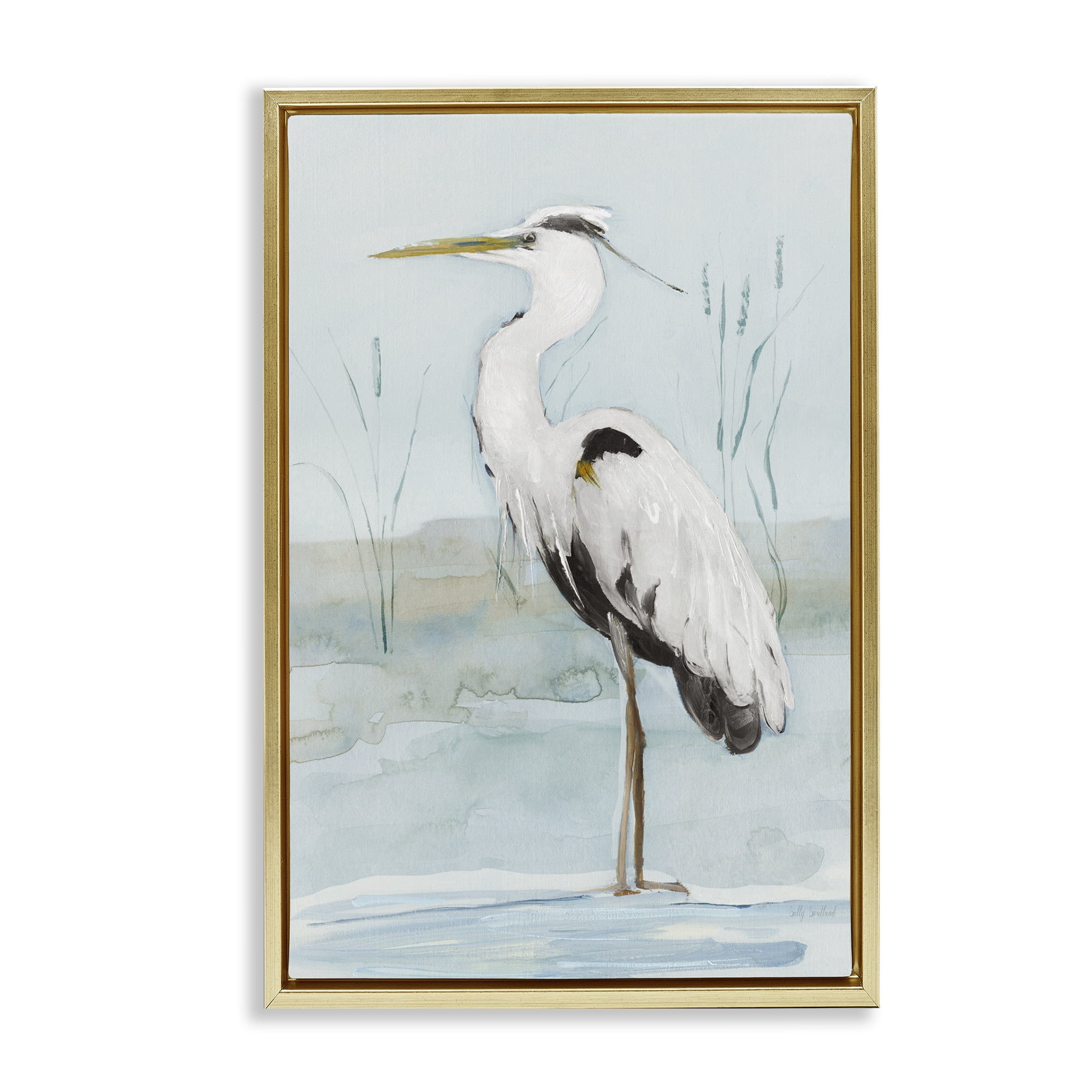 Stupell Industries Standing White Egret Animals Painting Gold Floater Framed Canvas Art Print Wall Art, 17 x 25