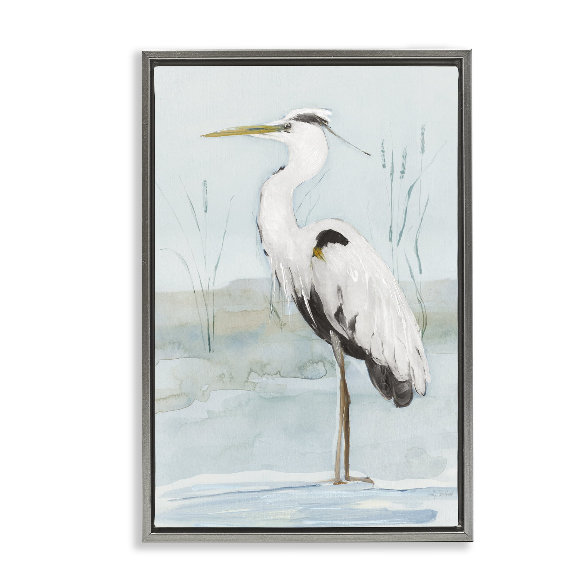 Stupell Industries Standing White Egret Animals Painting Gray Floater Framed Canvas Art Print Wall Art, 17 x 25