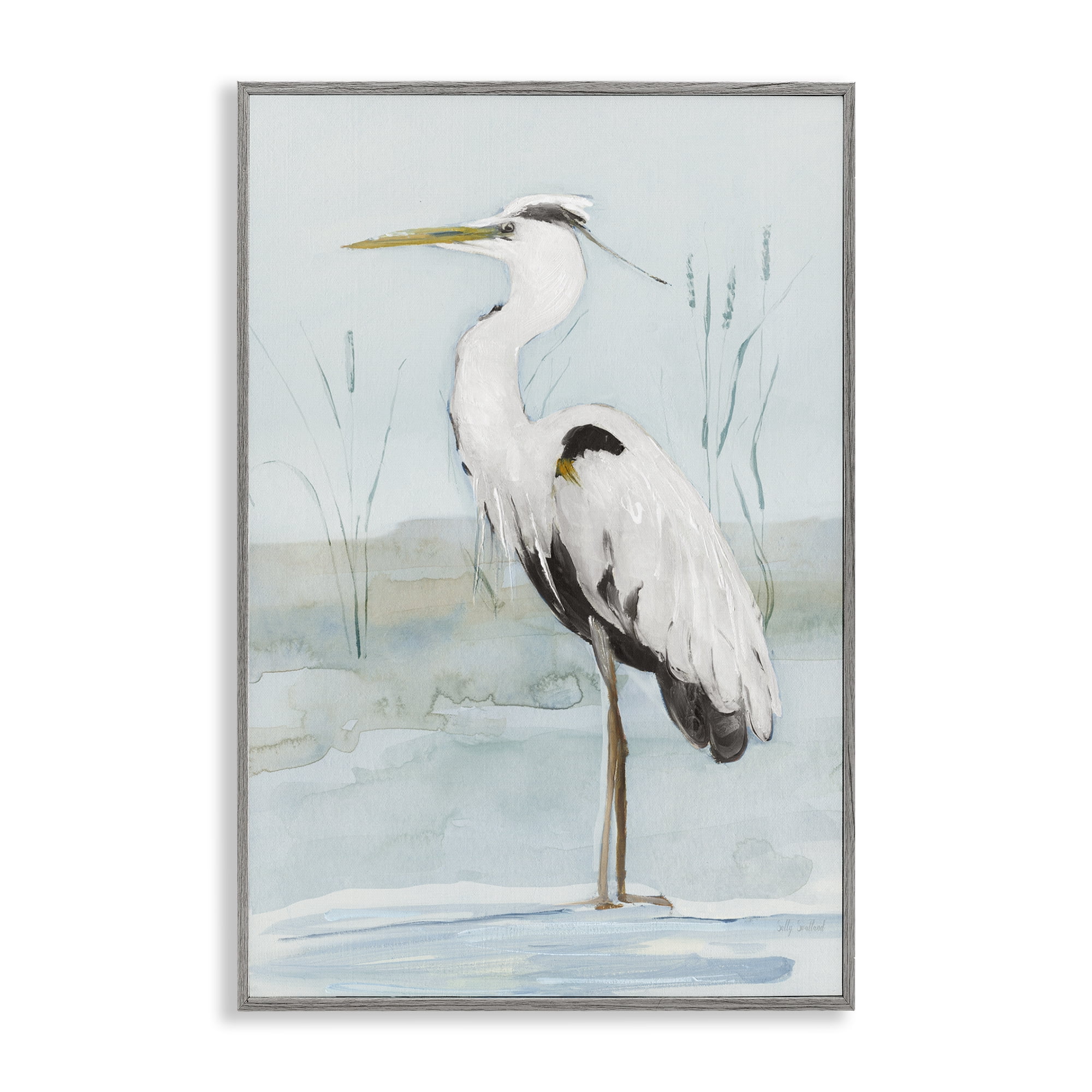 Stupell Industries Standing White Egret Animals Painting Gray Framed Art Print Wall Art, 12 x 18