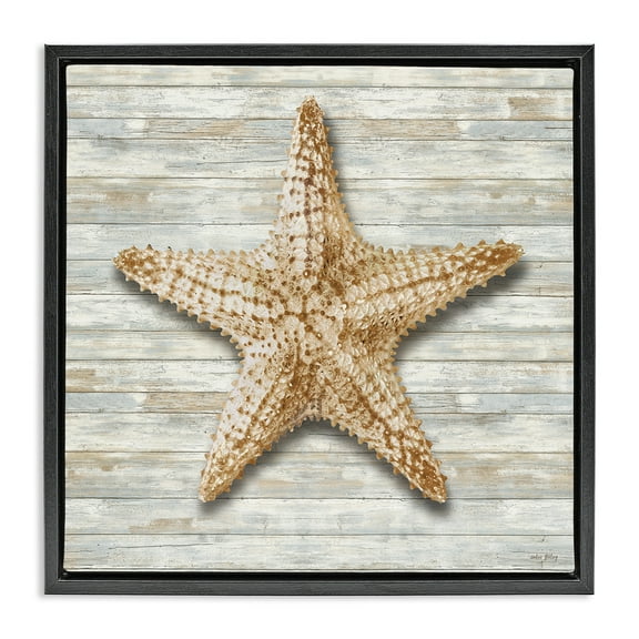 Stupell Industries Starfish On Shiplap Black Framed Floater Canvas Wall Art design by Amber Sterling, 18 x 18