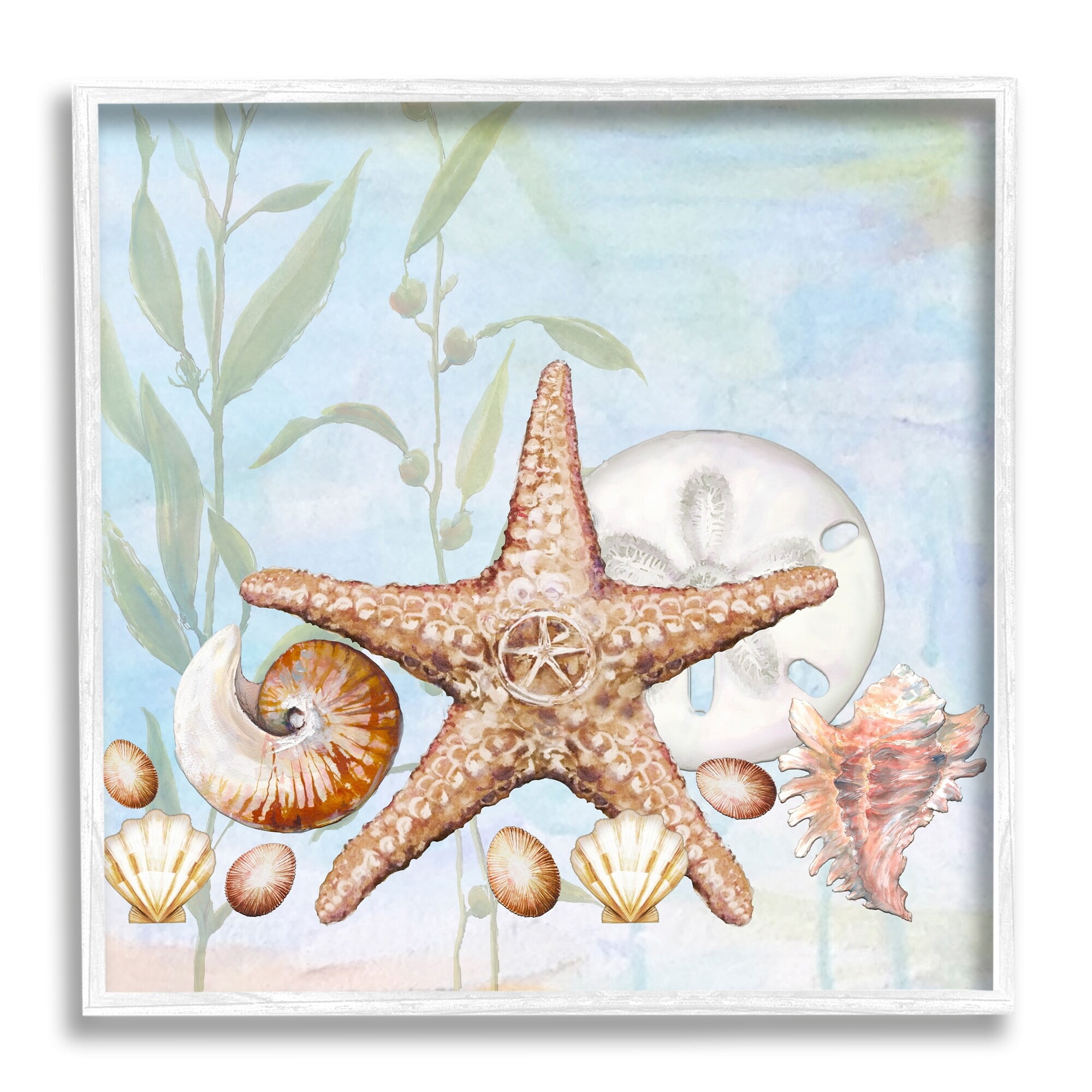 Stupell Industries Starfish Seashells Underwater Plants Ocean Beach Painting Framed Wall Art, 17 x 17, Design by Diannart