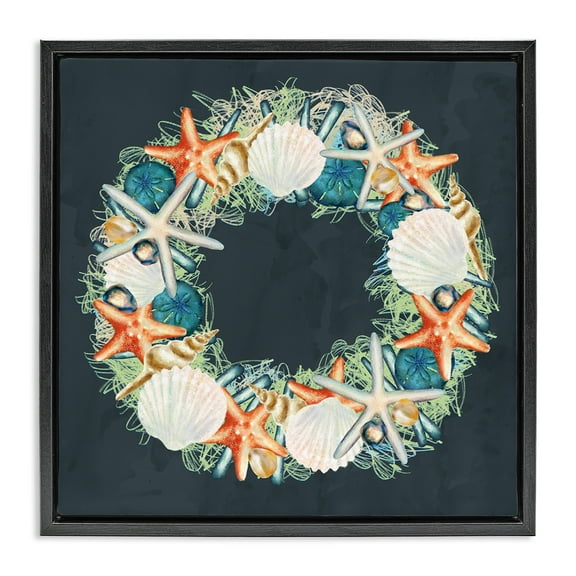 Stupell Industries Starfish and Nautical Seashell Wreath Animals & Insects Painting Black Floater Framed Canvas Art Print Wall Art, 18 x 18