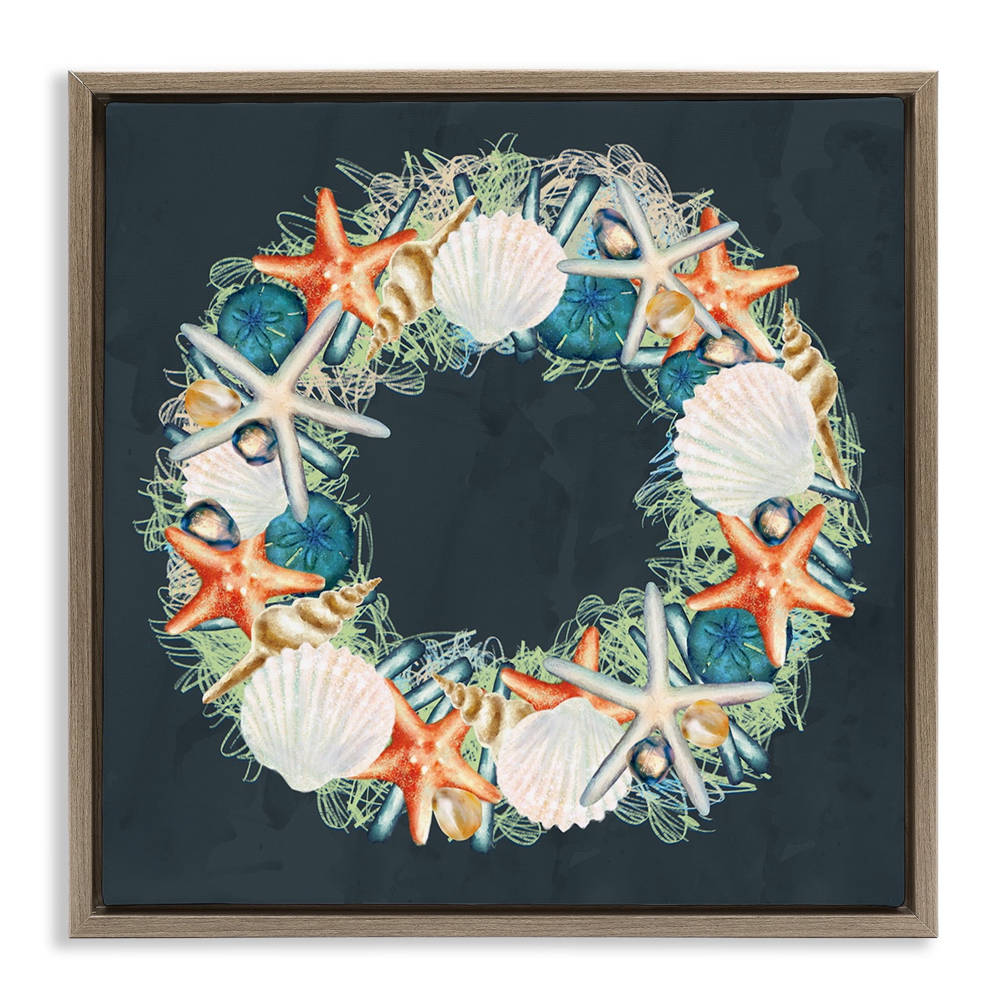 Stupell Industries Starfish and Nautical Seashell Wreath Animals & Insects Painting Brown Floater Framed Canvas Art Print Wall Art, 18 x 18