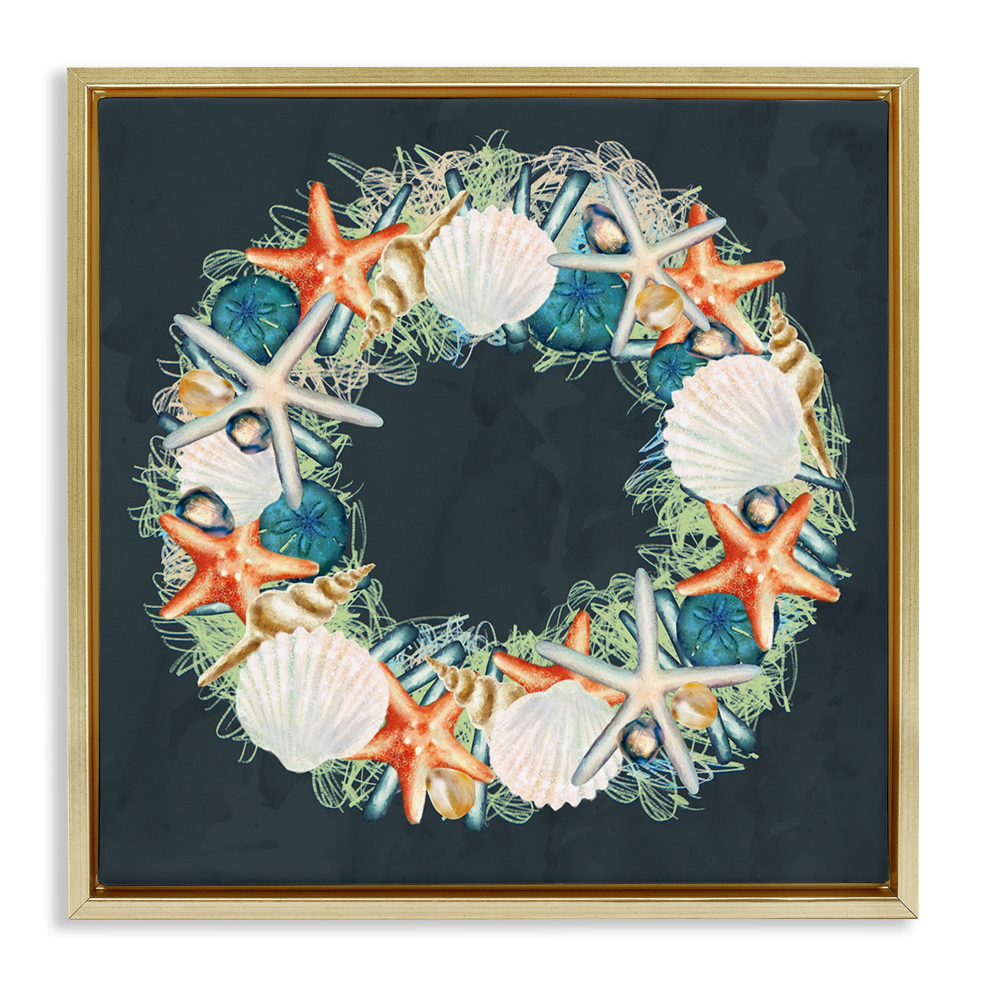 Stupell Industries Starfish and Nautical Seashell Wreath Animals & Insects Painting Gold Floater Framed Canvas Art Print Wall Art, 25 x 25