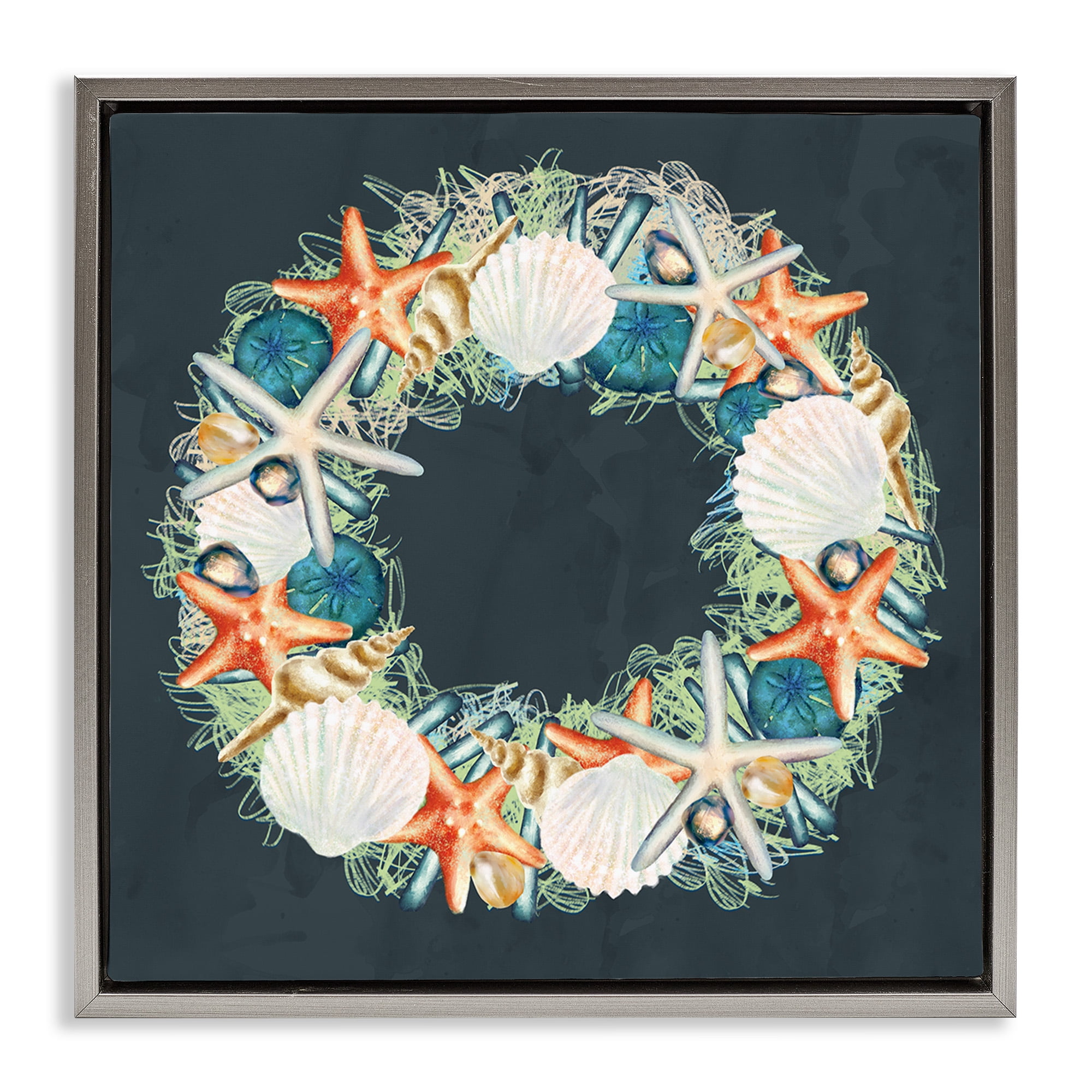 Stupell Industries Starfish and Nautical Seashell Wreath Animals & Insects Painting Gray Floater Framed Canvas Art Print Wall Art, 18 x 18