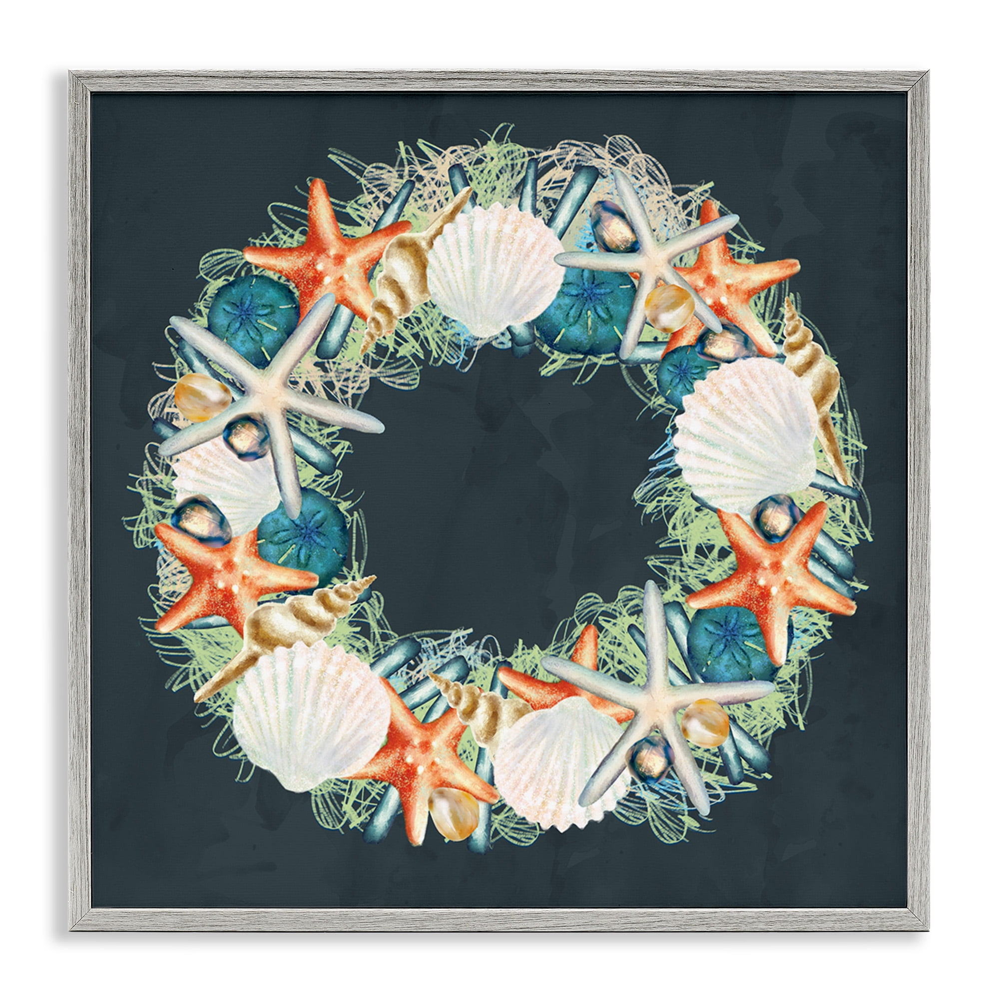 Stupell Industries Starfish and Nautical Seashell Wreath Animals & Insects Painting Gray Framed Art Print Wall Art, 12 x 12