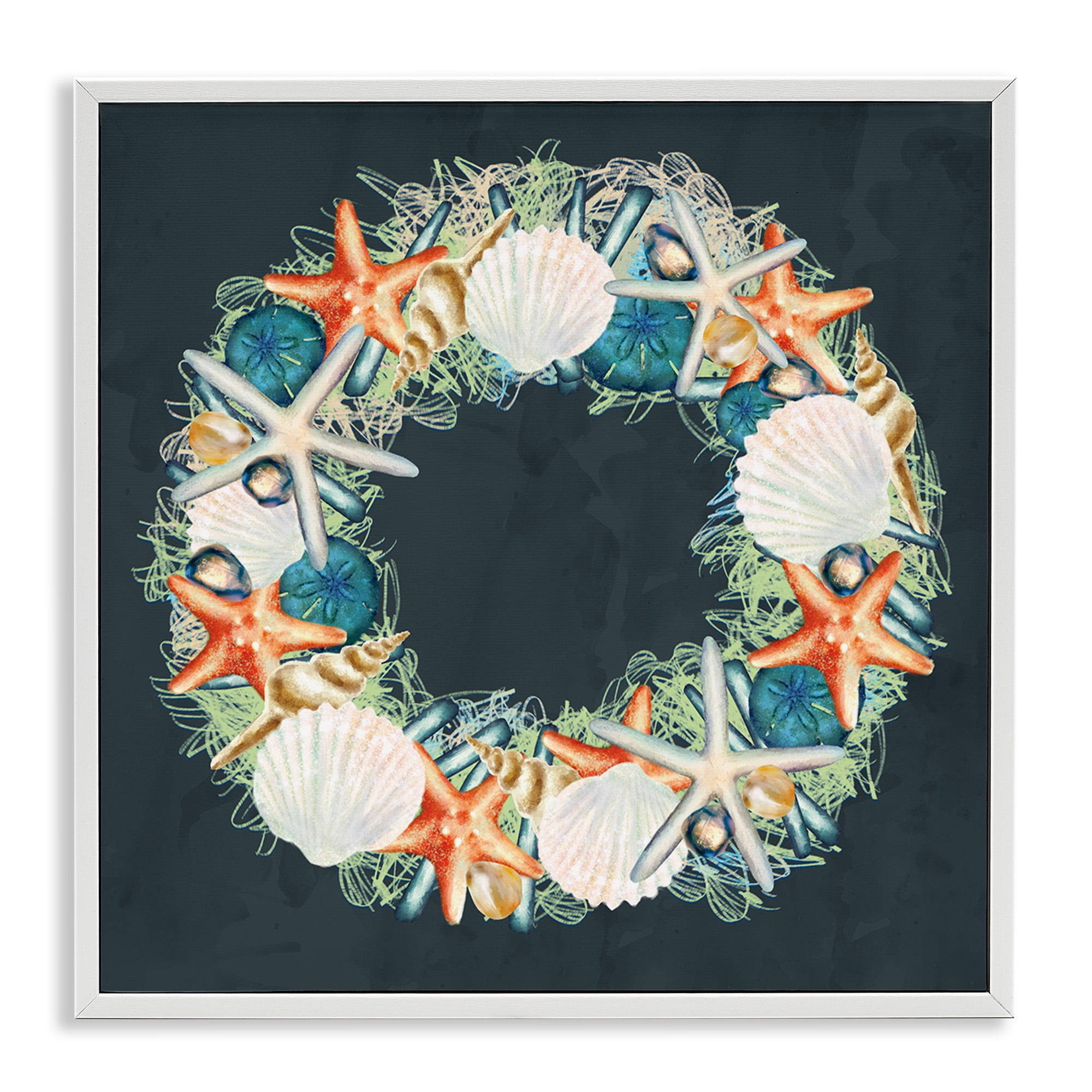 Stupell Industries Starfish and Nautical Seashell Wreath Animals & Insects Painting White Framed Art Print Wall Art, 17 x 17
