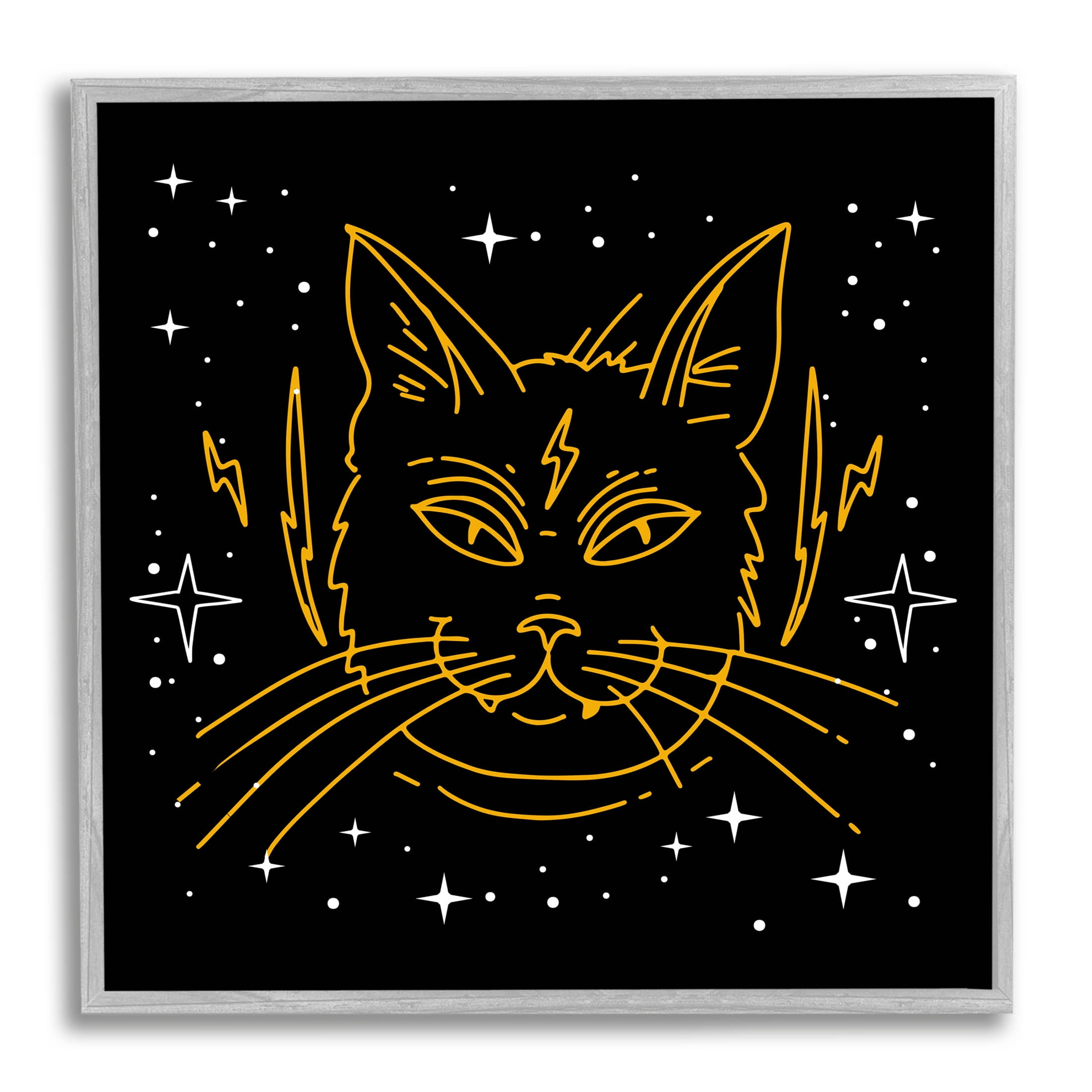 Stupell Industries Starry Cat Lightning Bolt Graphic Art Gray Framed Art Print Wall Art, Design by Lil' Rue