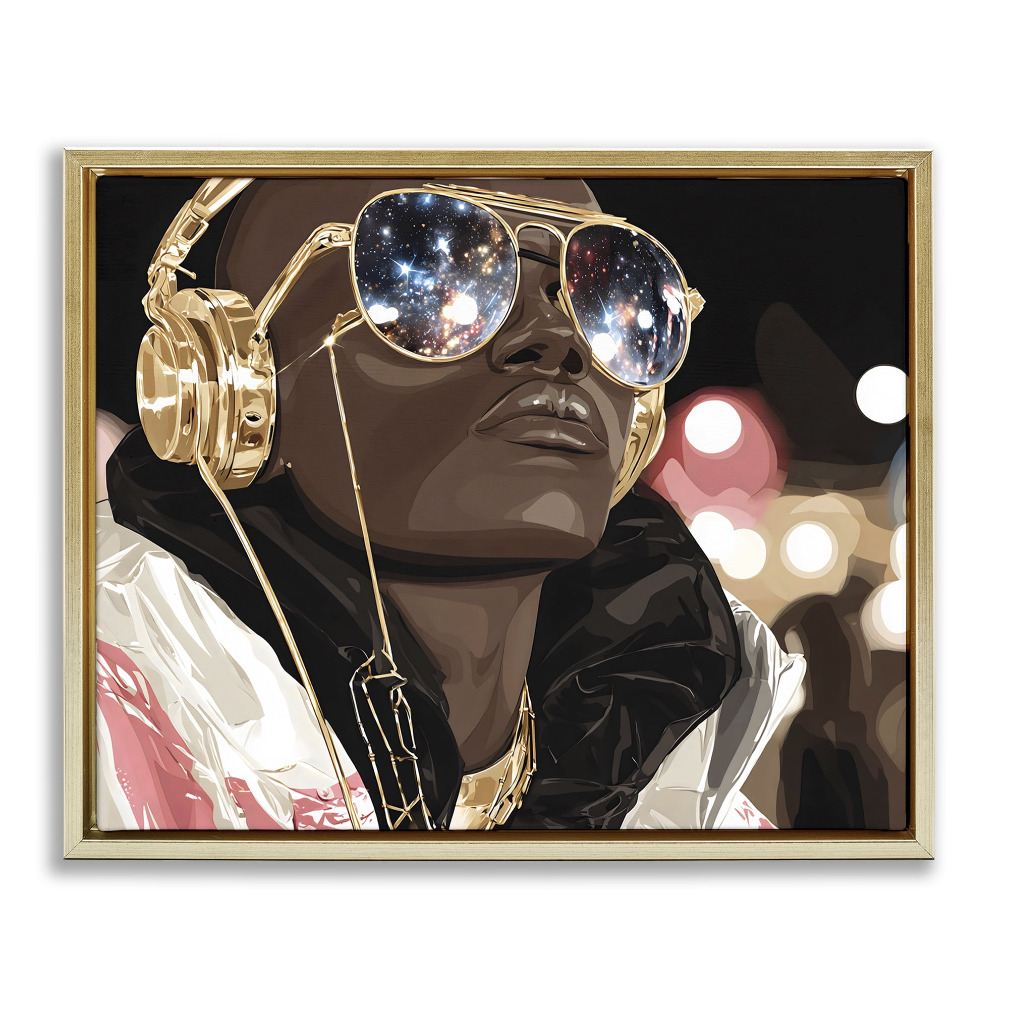 Stupell Industries Starry Eyed Shades with Headphones Gold Framed Floater Canvas Wall Art, design by Franklyn Gregory