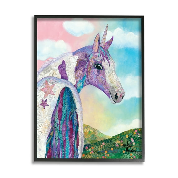 Stupell Industries Starry Eyed Unicorn Floral Fantasy Meadow Collage Painting Black Framed Art Print Wall Art, Design by Lisa Morales