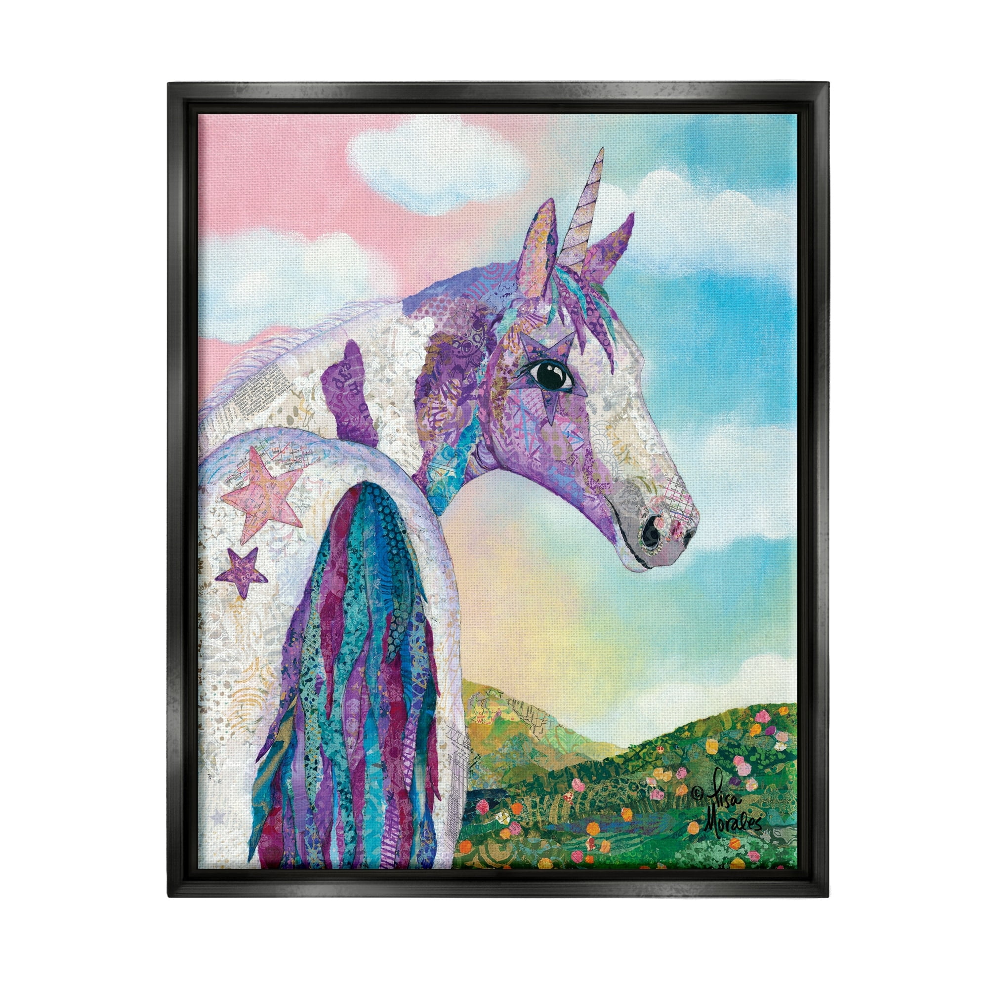Stupell Industries Starry Eyed Unicorn Floral Fantasy Meadow Collage Painting Jet Black Floating Framed Canvas Print Wall Art, Design by Lisa Morales
