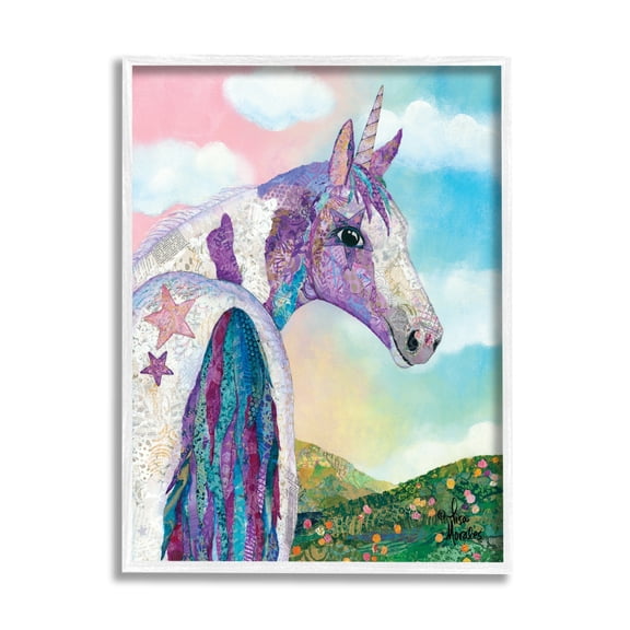 Stupell Industries Starry Eyed Unicorn Floral Fantasy Meadow Collage Painting White Framed Art Print Wall Art, Design by Lisa Morales