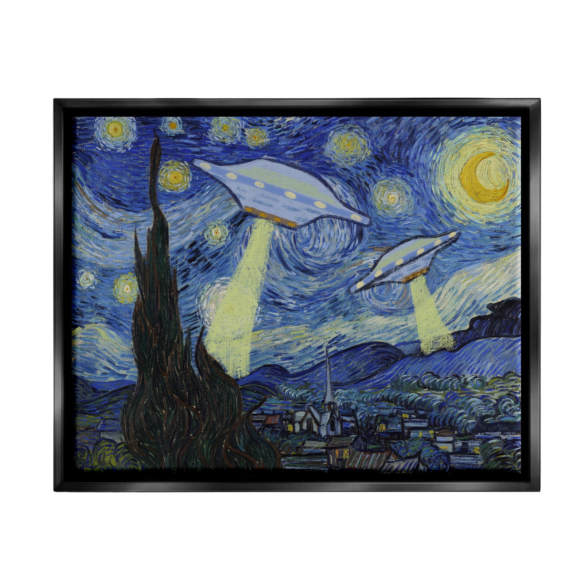 Stupell Industries Starry Night Classic Alien UFOs Fairy Tales & Fantasy Painting Black Floater Framed Art Print Wall Art