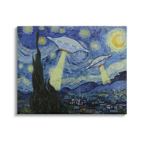 Stupell Industries Starry Night Classic Alien UFOs Fairy Tales & Fantasy Painting Gallery Wrapped Canvas Print Wall Art