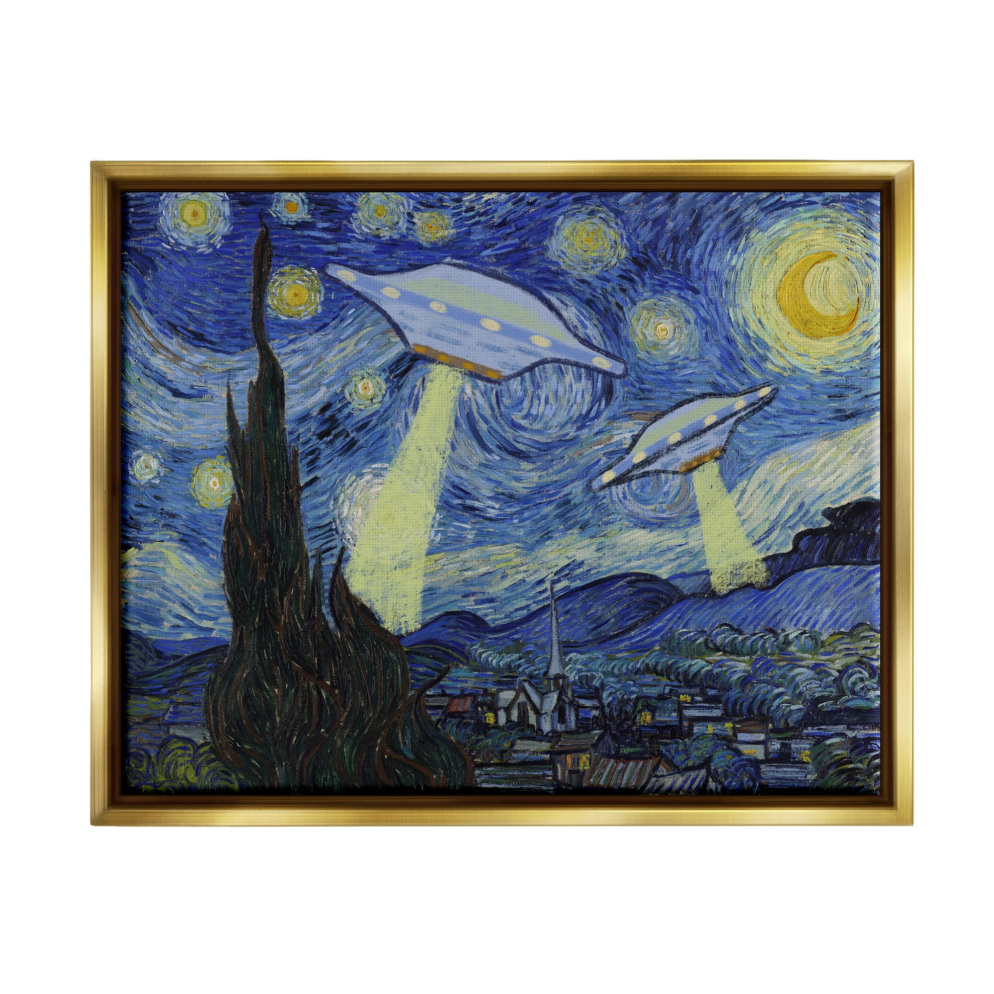 Stupell Industries Starry Night Classic Alien UFOs Fairy Tales & Fantasy Painting Gold Floater Framed Art Print Wall Art