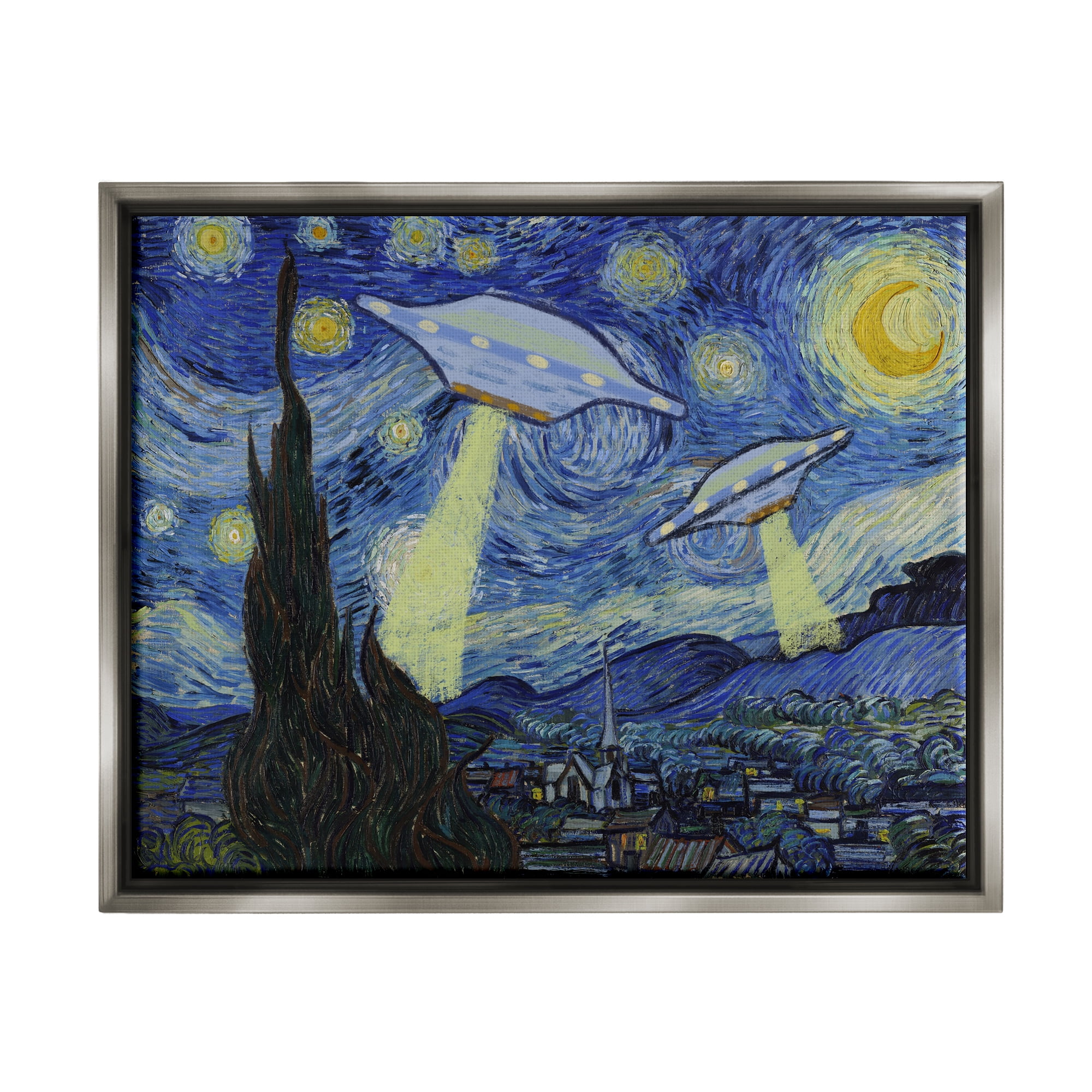 Stupell Industries Starry Night Classic Alien UFOs Fairy Tales & Fantasy Painting Gray Floater Framed Art Print Wall Art