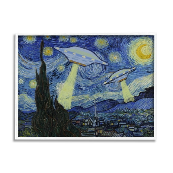 Stupell Industries Starry Night Classic Alien UFOs Fairy Tales & Fantasy Painting White Framed Art Print Wall Art