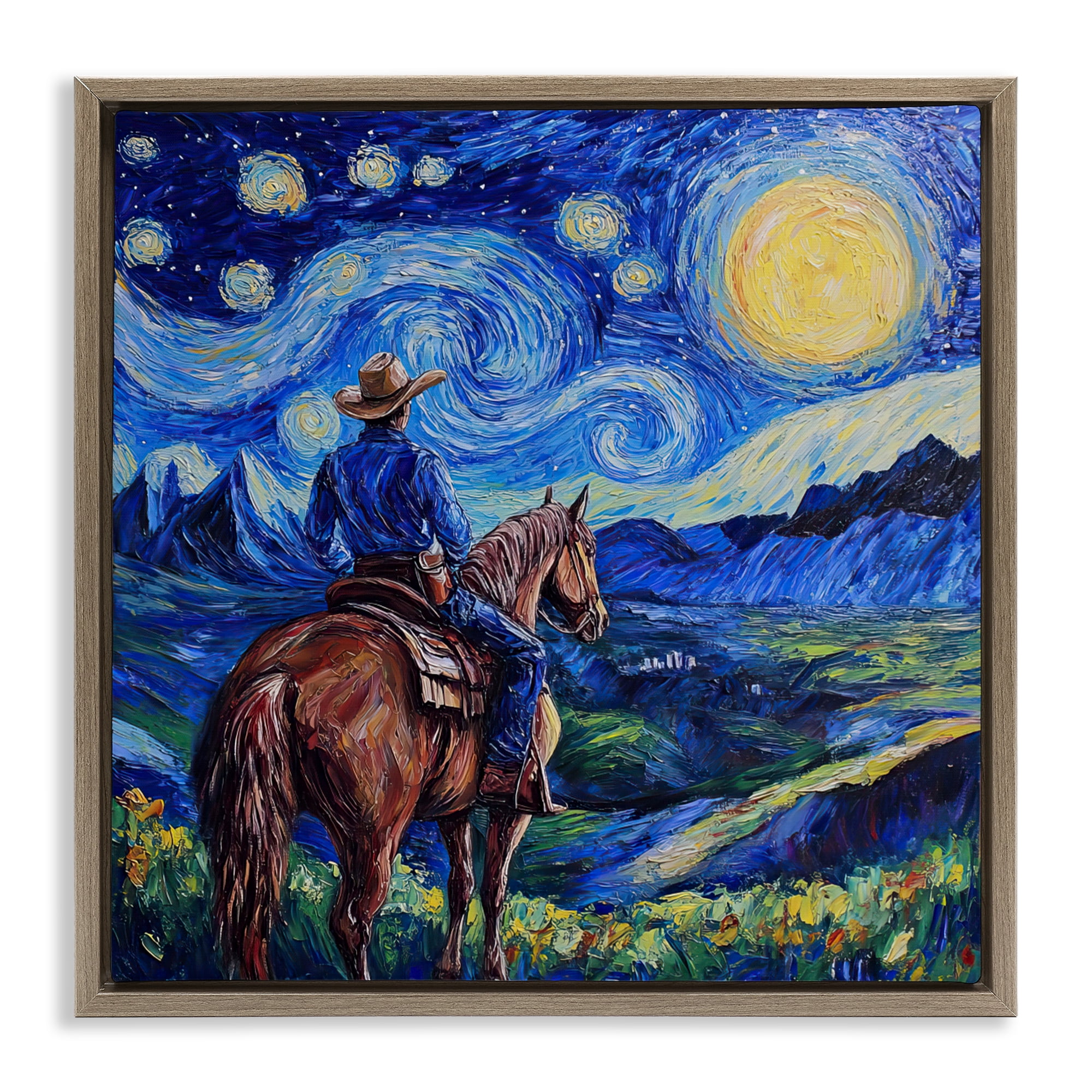 Stupell Industries Starry Night Cowboy Brown Framed Floater Canvas Wall Art, design by Tina LeCour