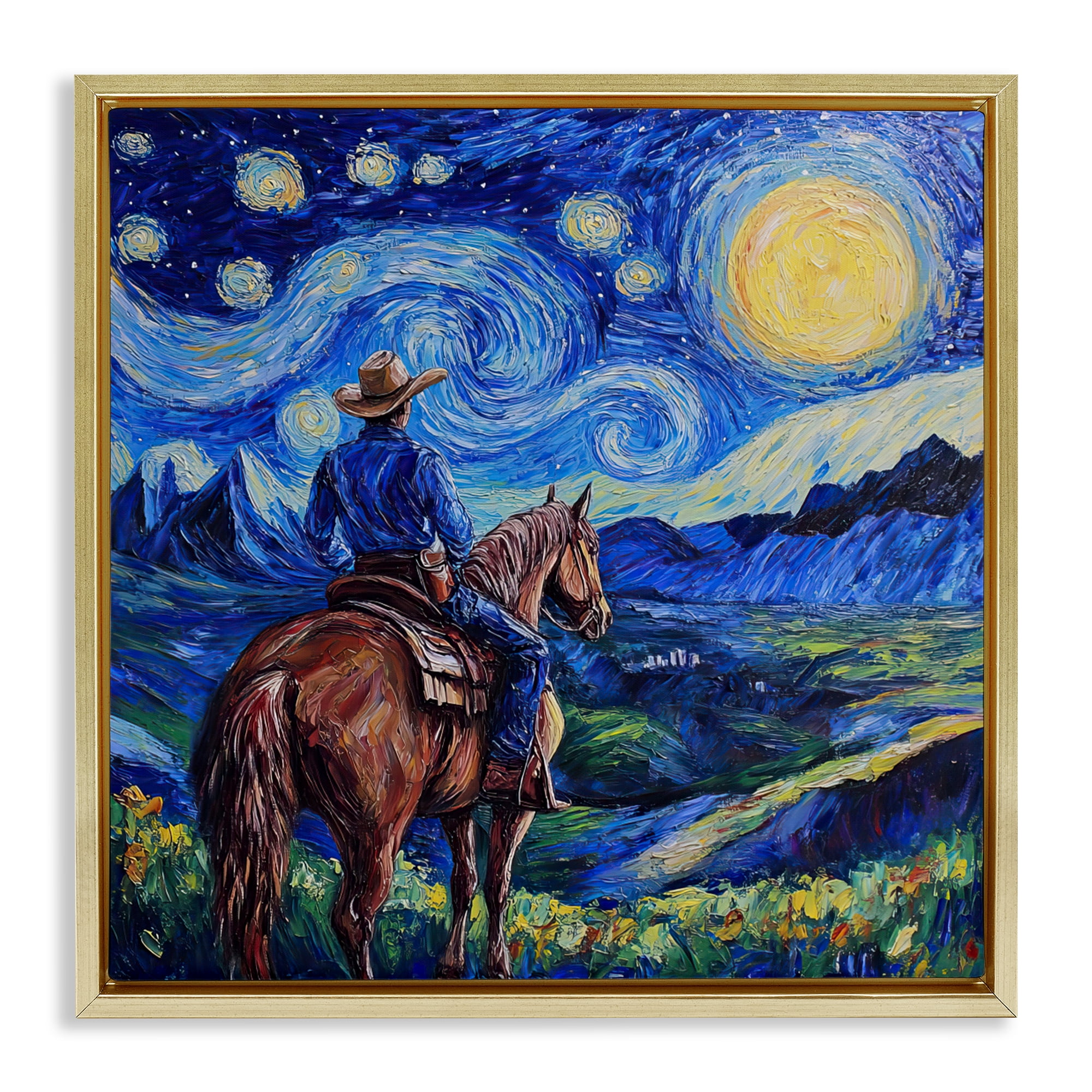 Stupell Industries Starry Night Cowboy Gold Framed Floater Canvas Wall Art, design by Tina LeCour