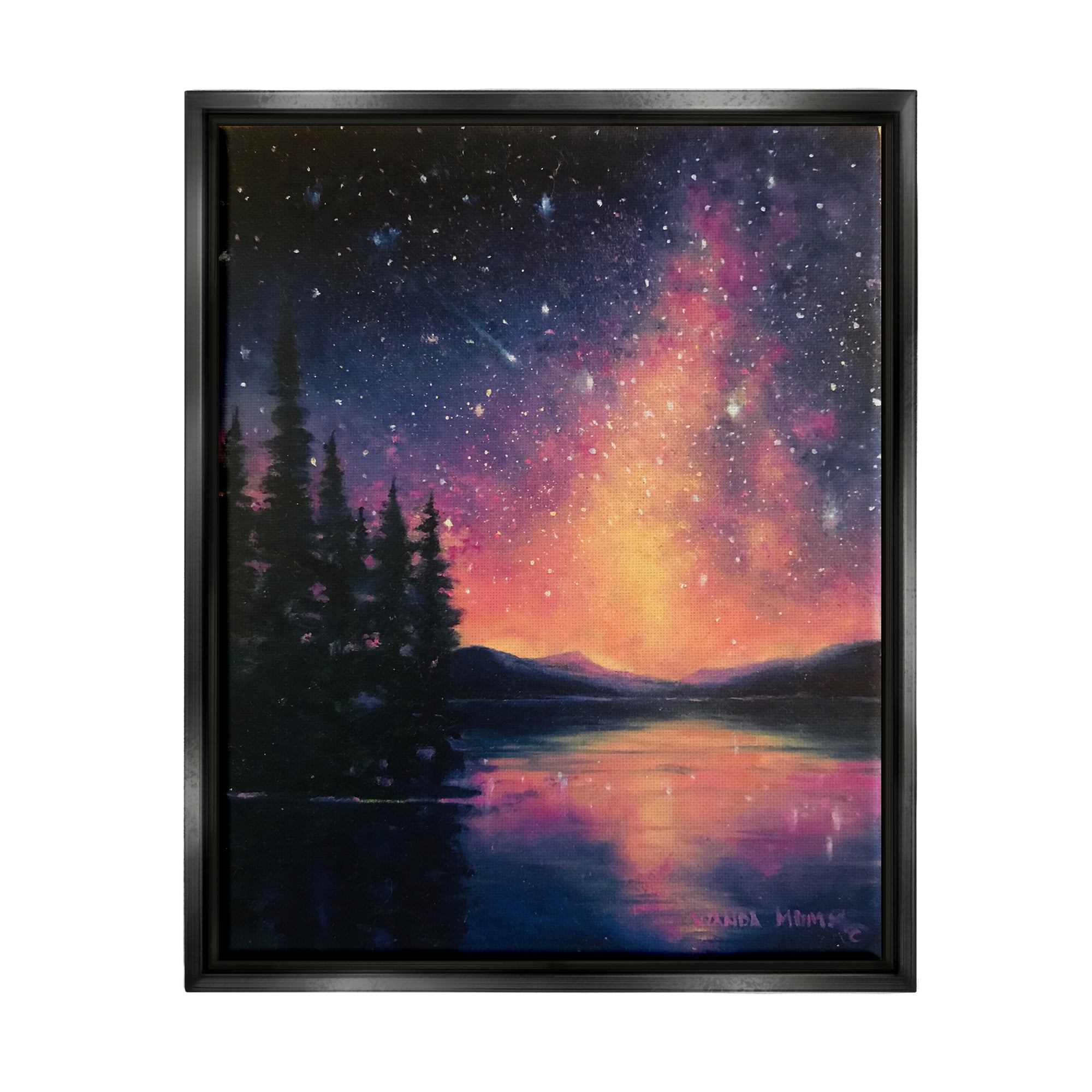 Stupell Industries Starry Night Over Lake Nature Painting Black Floater Framed Art Print Wall Art, 17 x 21
