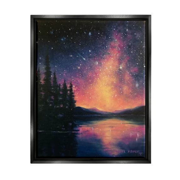 Stupell Industries Starry Night Over Lake Nature Painting Black Floater Framed Art Print Wall Art, 17 x 21