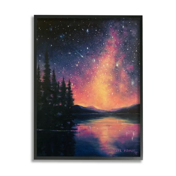 Stupell Industries Starry Night Over Lake Nature Painting Black Framed Art Print Wall Art, 11 x 14