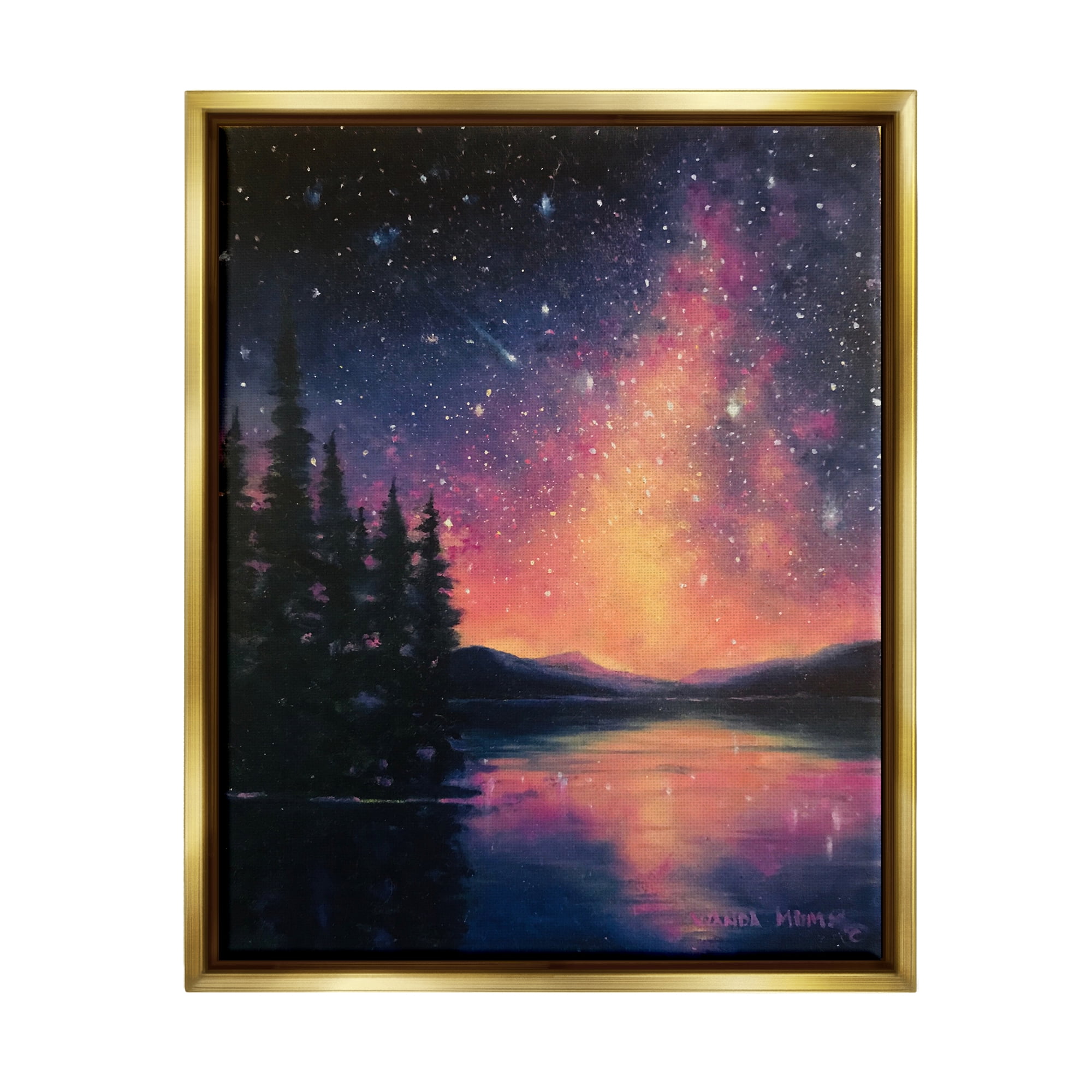 Stupell Industries Starry Night Over Lake Nature Painting Gold Floater Framed Art Print Wall Art, 17 x 21