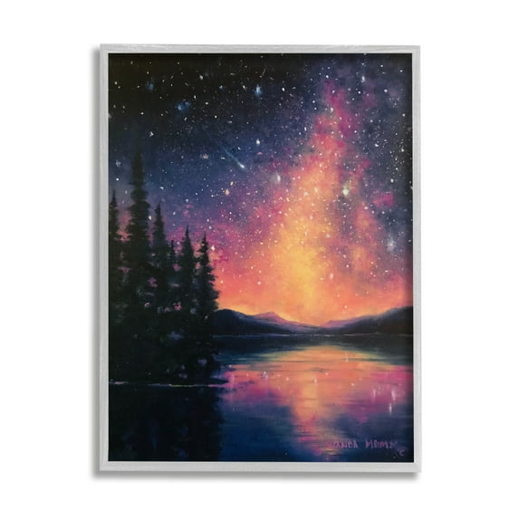 Stupell Industries Starry Night Over Lake Nature Painting Gray Framed Art Print Wall Art, 16 x 20