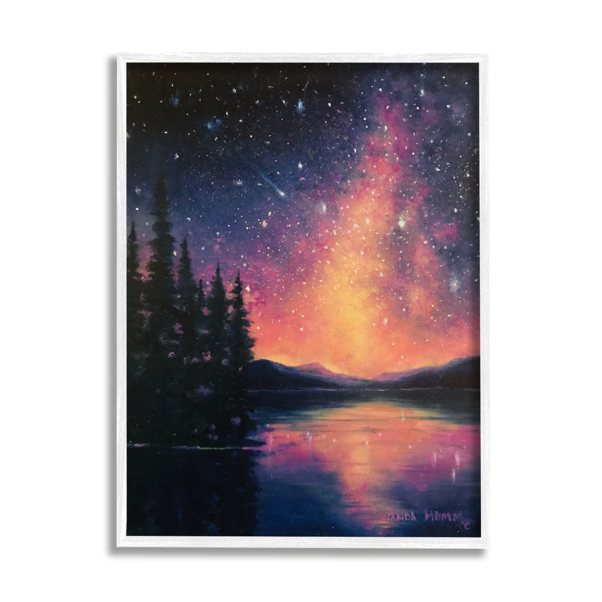 Stupell Industries Starry Night Over Lake Nature Painting White Framed Art Print Wall Art, 16 x 20