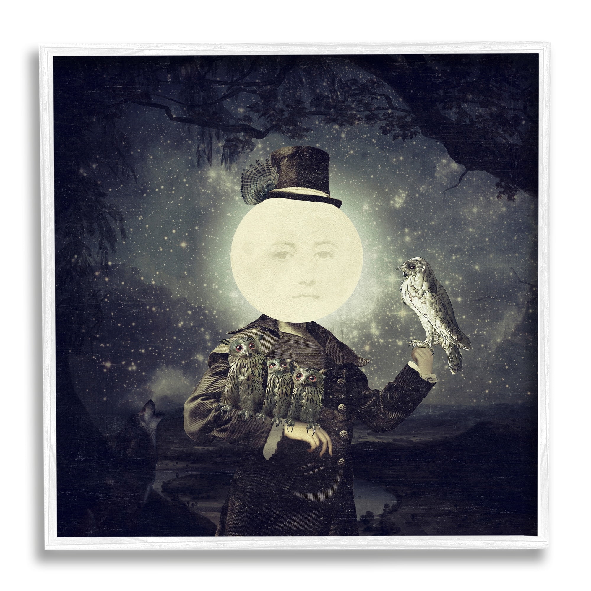 Stupell Industries Starry Night Sky Moon Person Bird Botanical Border Framed Wall Art, 12 x 12, Design by Paula Belle Flores