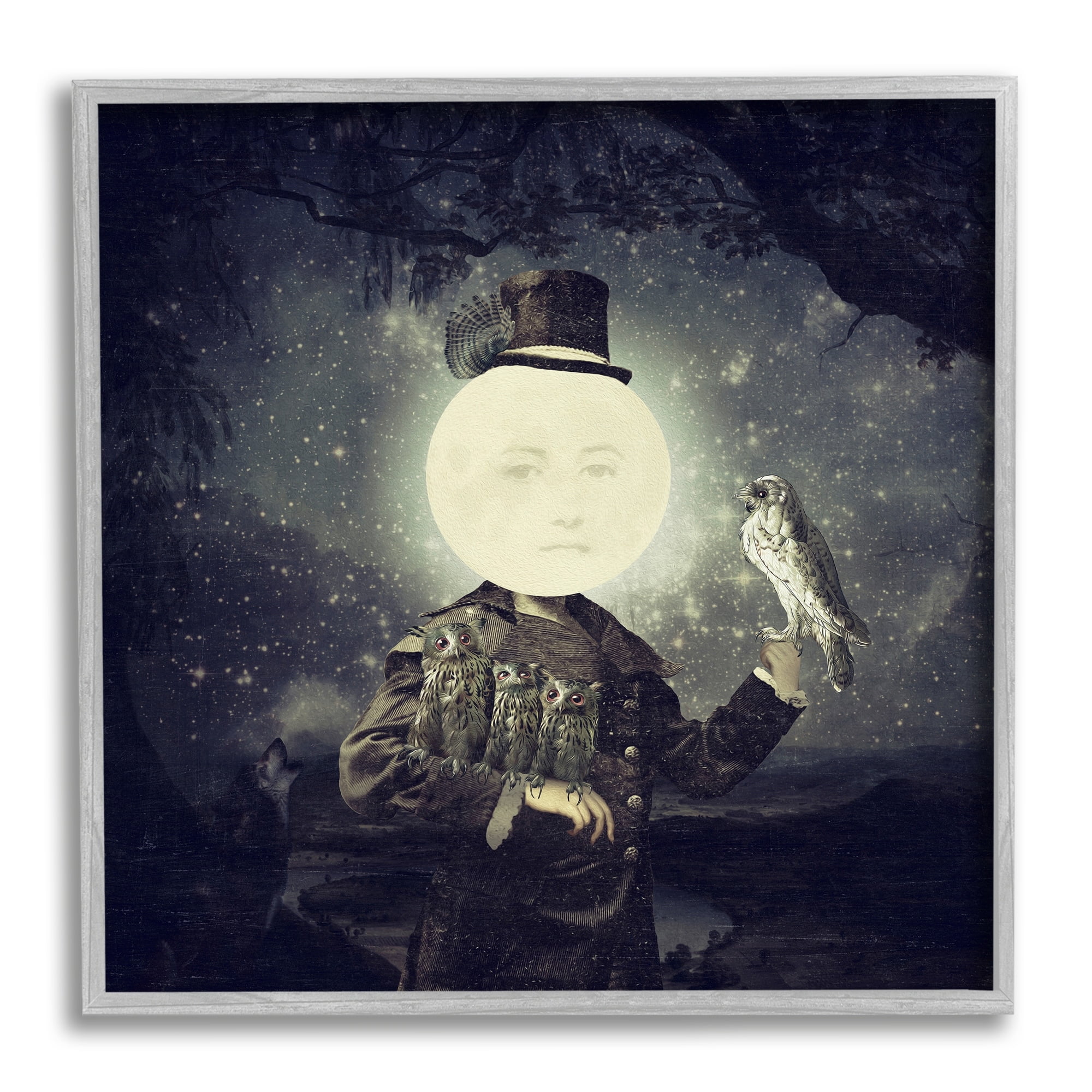 Stupell Industries Starry Night Sky Moon Person Bird Botanical Border Framed Wall Art, 17 x 17, Design by Paula Belle Flores