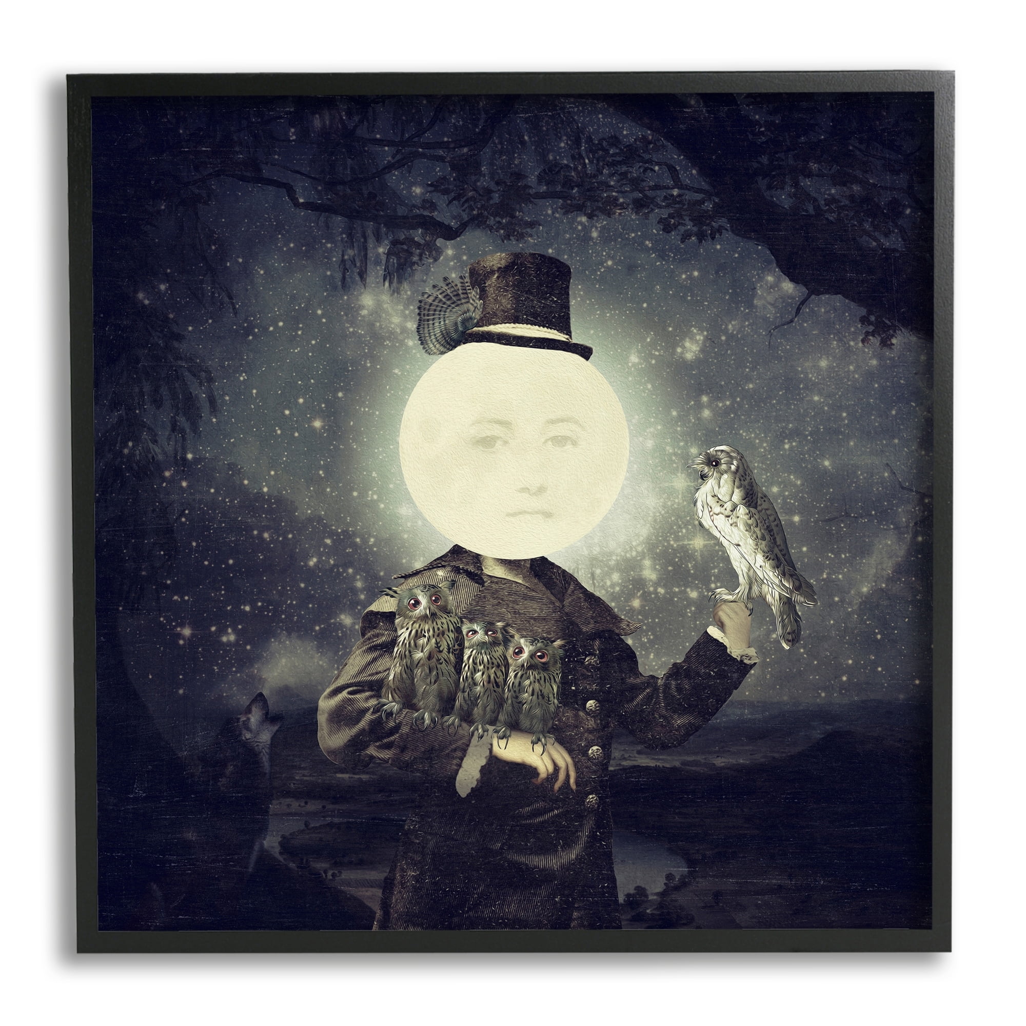 Stupell Industries Starry Night Sky Moon Person Bird Botanical Border Framed Wall Art, 17 x 30, Design by Paula Belle Flores