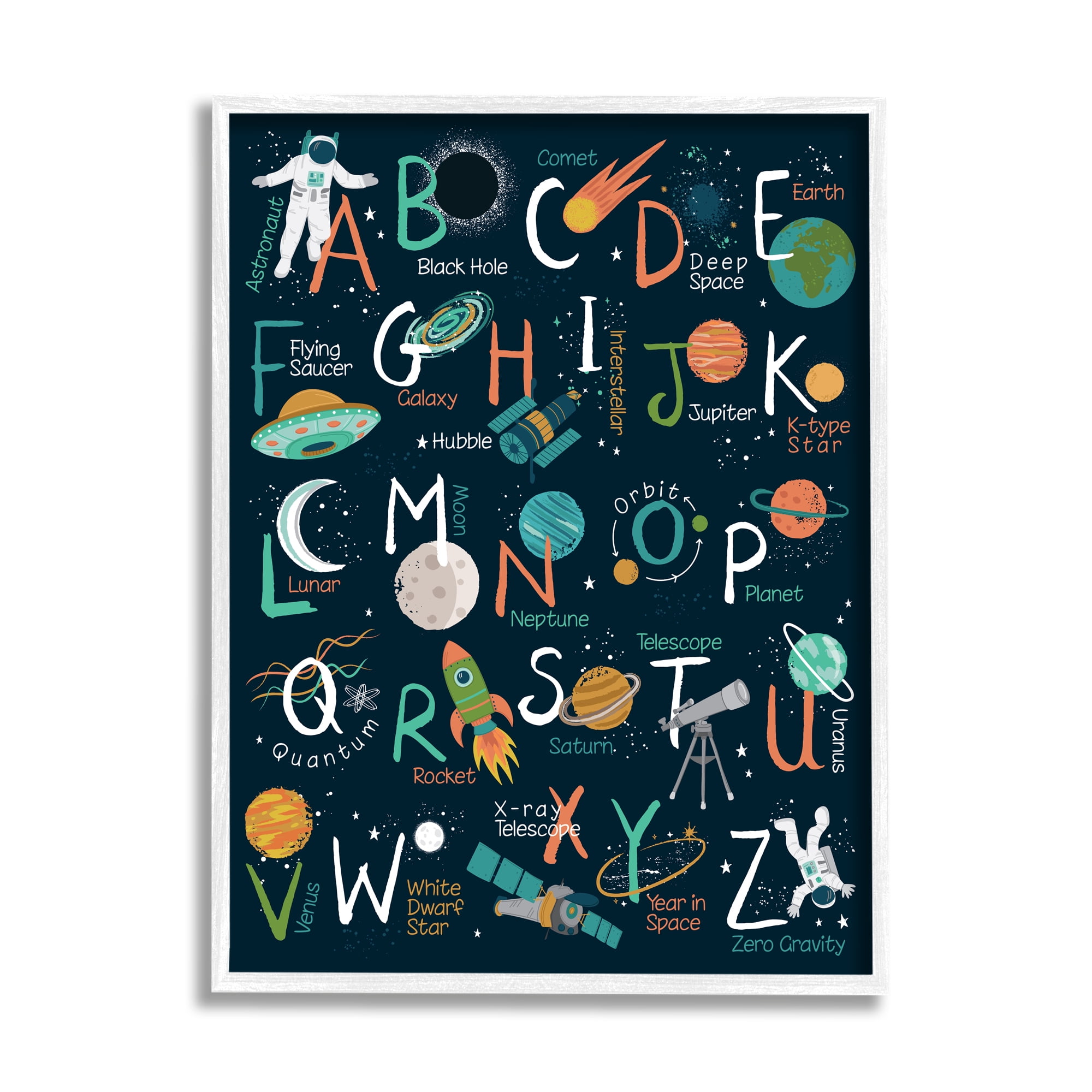 Stupell Industries Starry Space Alphabet Fantasy Constellations UFO ABC's Graphic Art White Framed Art Print Wall Art, 11x14, by Lisa Whitebutton